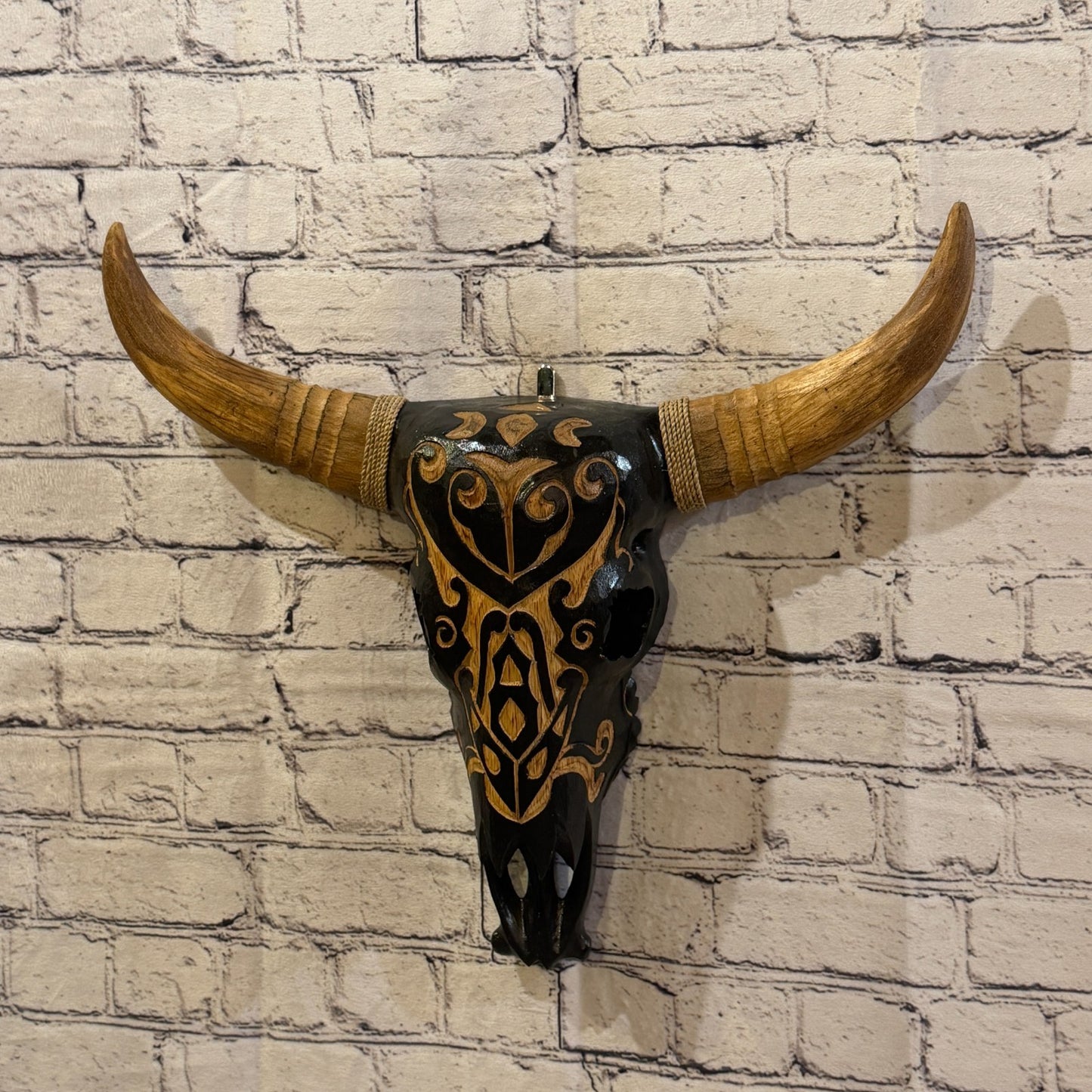 45cm x 45cm Brown Light Painted Wood Cow Skull Head Wall Mounted Art Shabby2