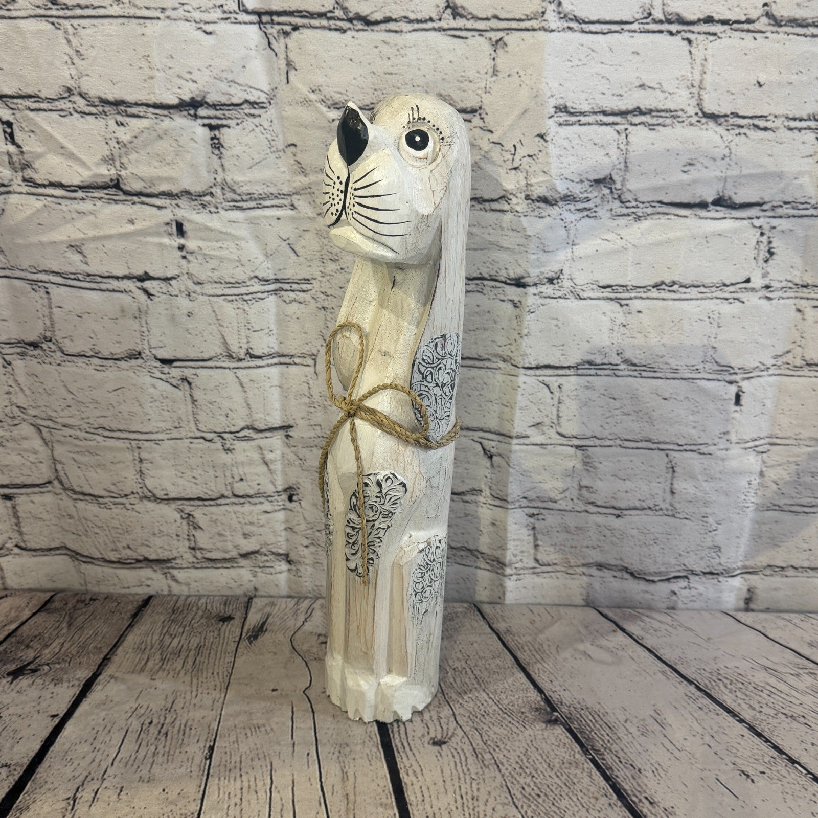 40cm White Wooden Shabby Dog Statue Ornament Fair Trade Handcarved0