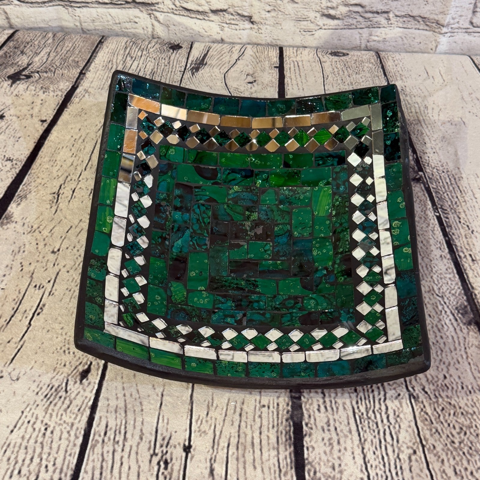 25cm Green Square Mirror Mosaic Handmade Ceramic Glass Tile Bowl Fruit0