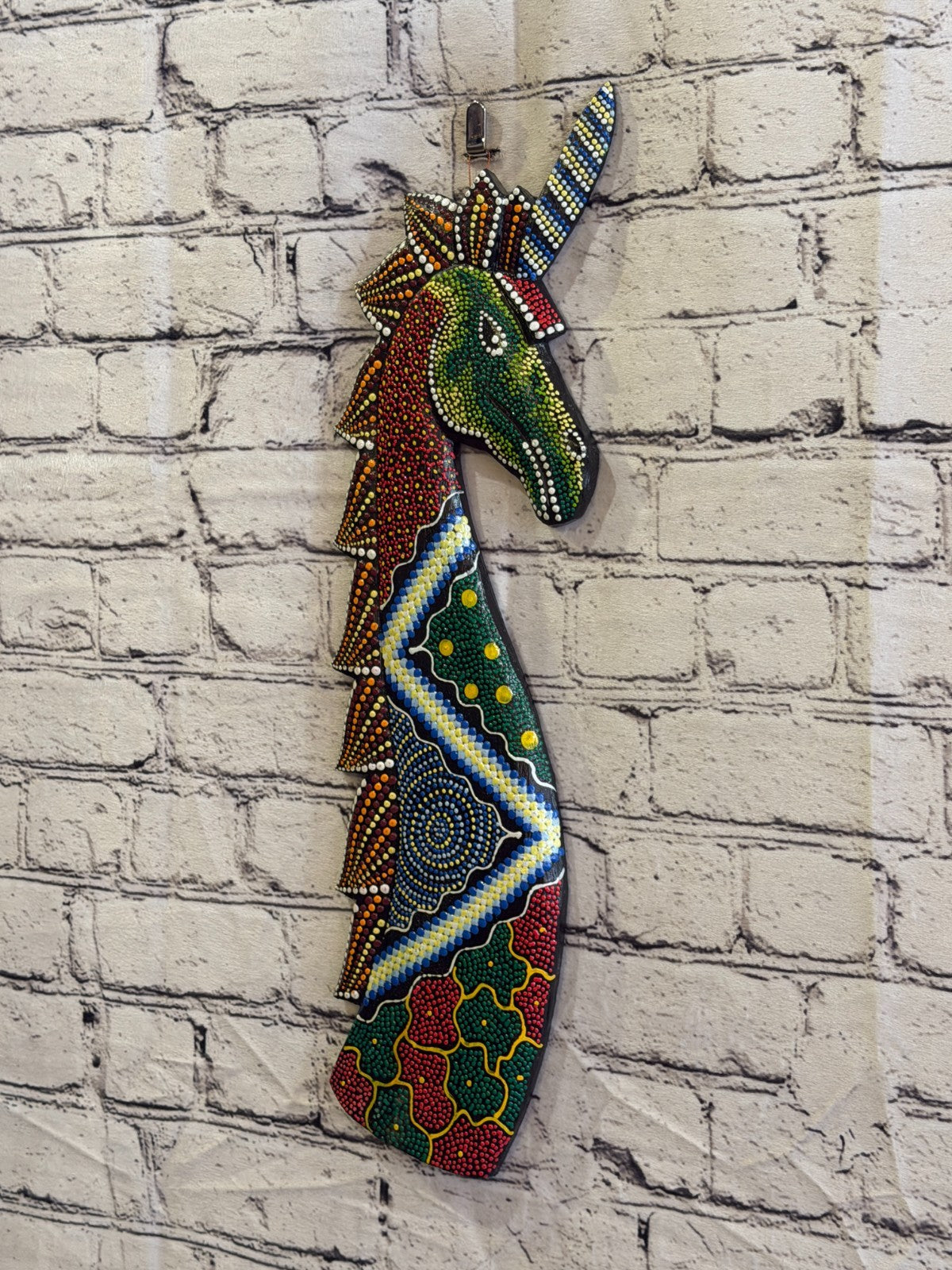 45cm Unicorn Carved Wooden Dot Painted Ethnic Tribal Tiki Wall Art No 11