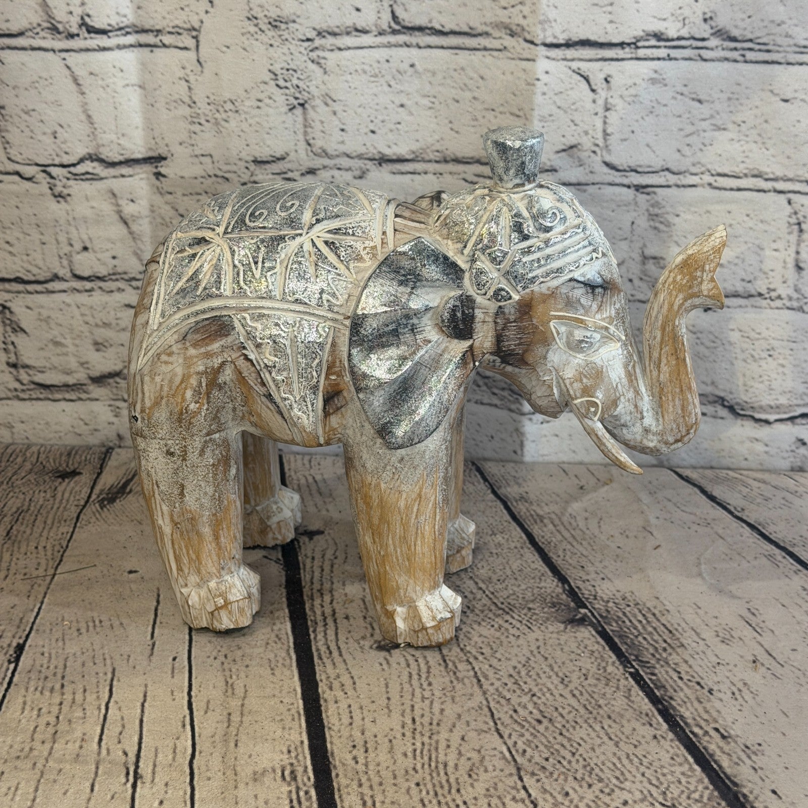 20cm x 20cm Brown Silver Wooden Standing Elephant Hand Carved & Painted3
