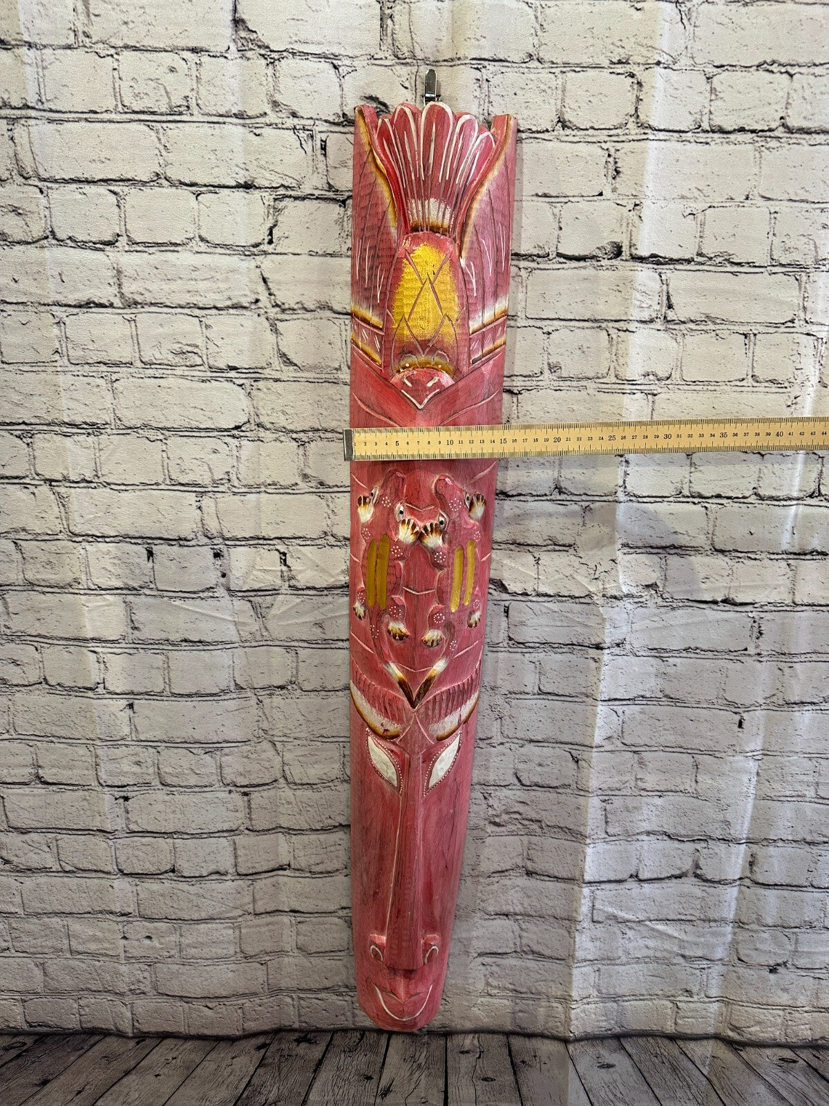 100cm Pink Gecko Hand Carved Fair Trade Wooden Animal Wall Art Hang Mask4