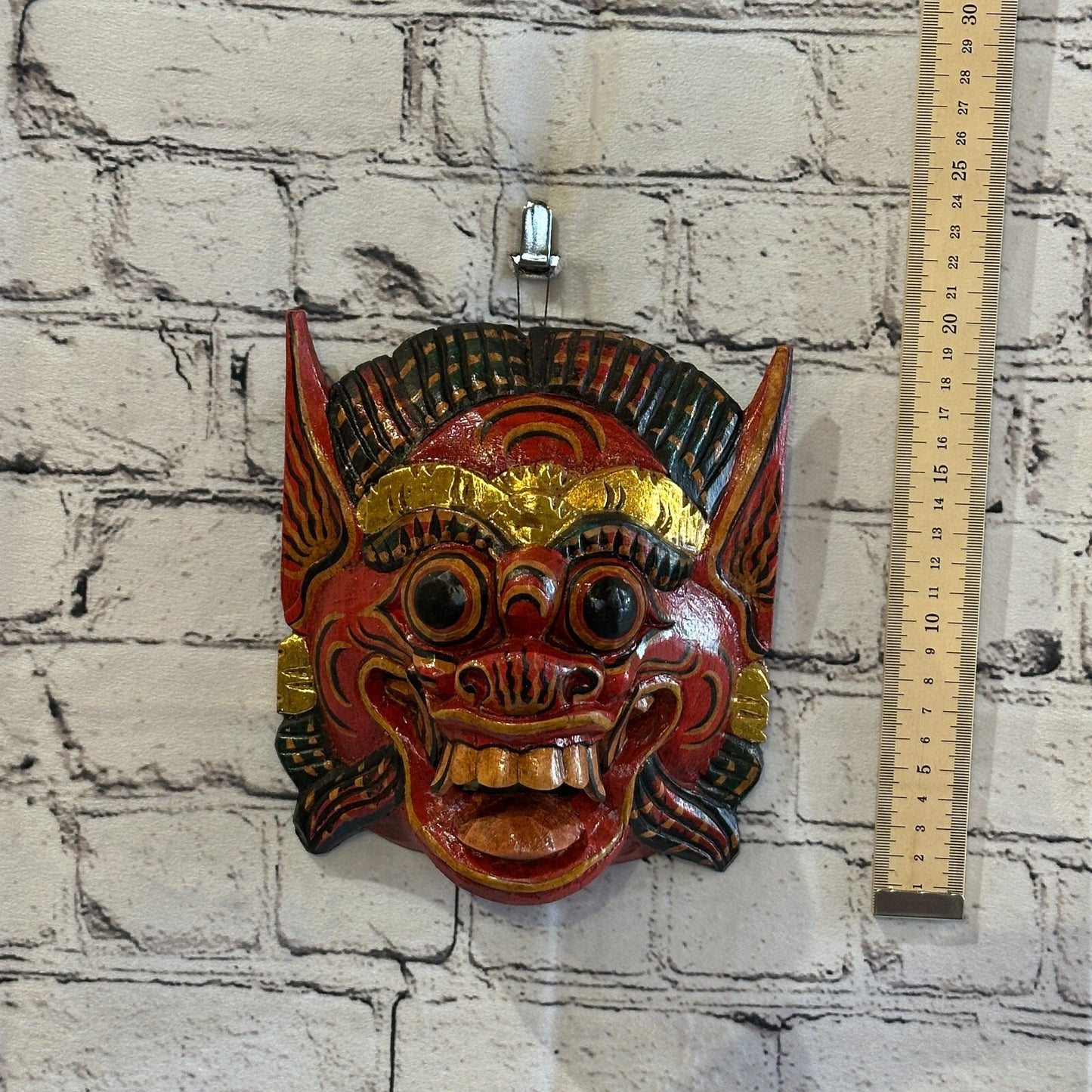Large Wooden Red Barong Wall Mask 18cm x 18cm Handmade And Fairtrade Hindu3