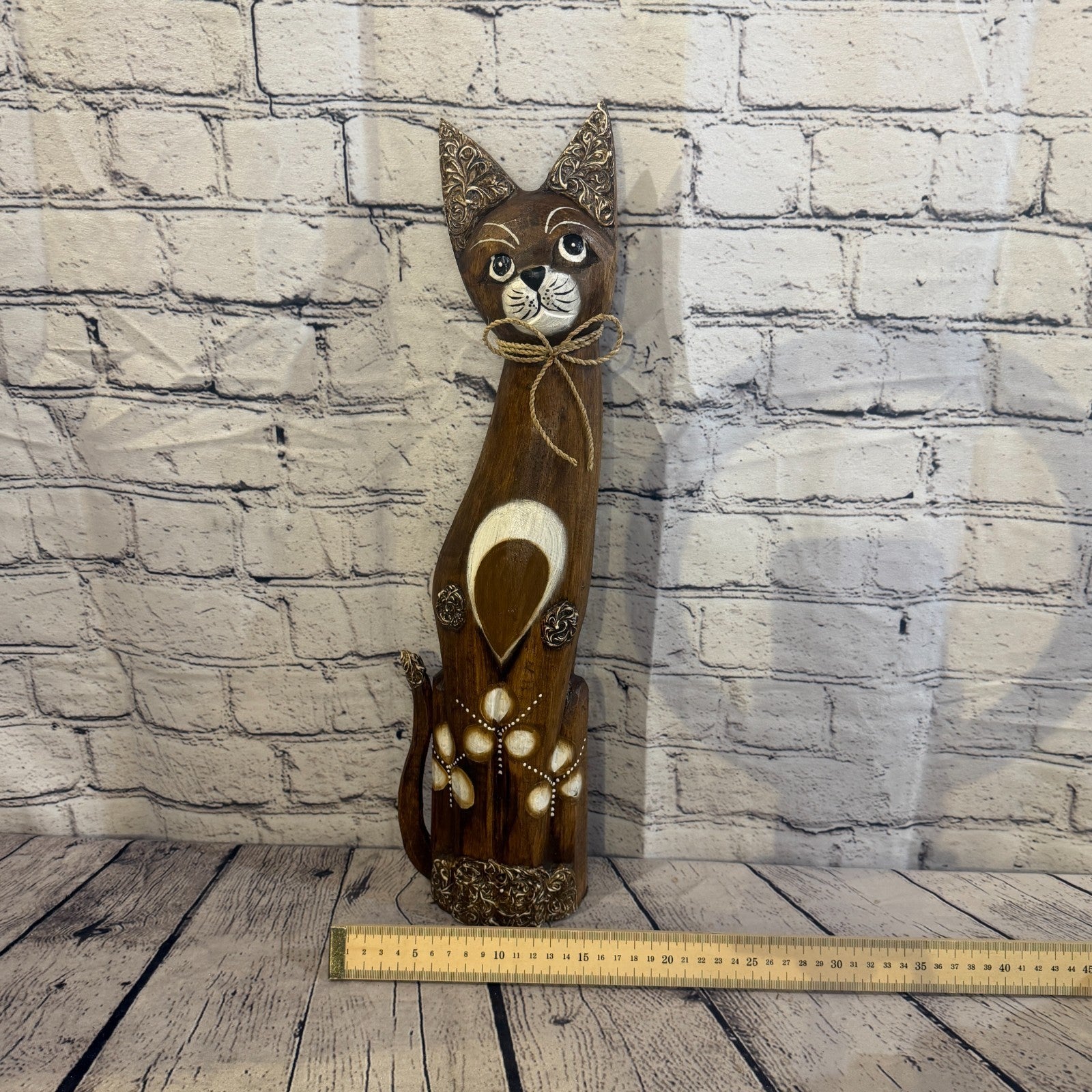 50cm Brown Silver Dots Wooden Shabby Cat Statue Ornament Fair Trade Handcarved6
