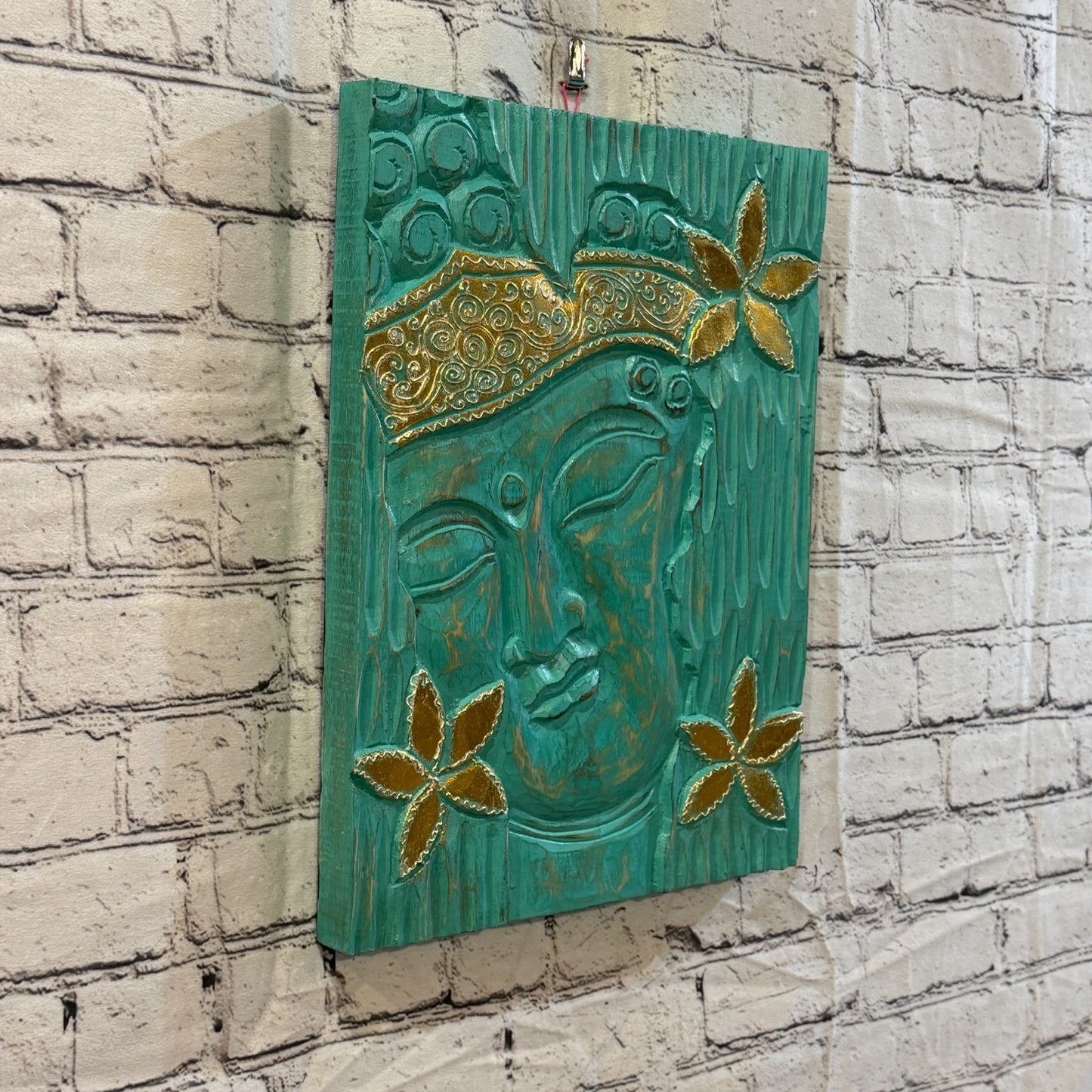 Wooden Wood Panel 40cm Gold Teal Buddha Flower Wall Art Plaque Handcarved0