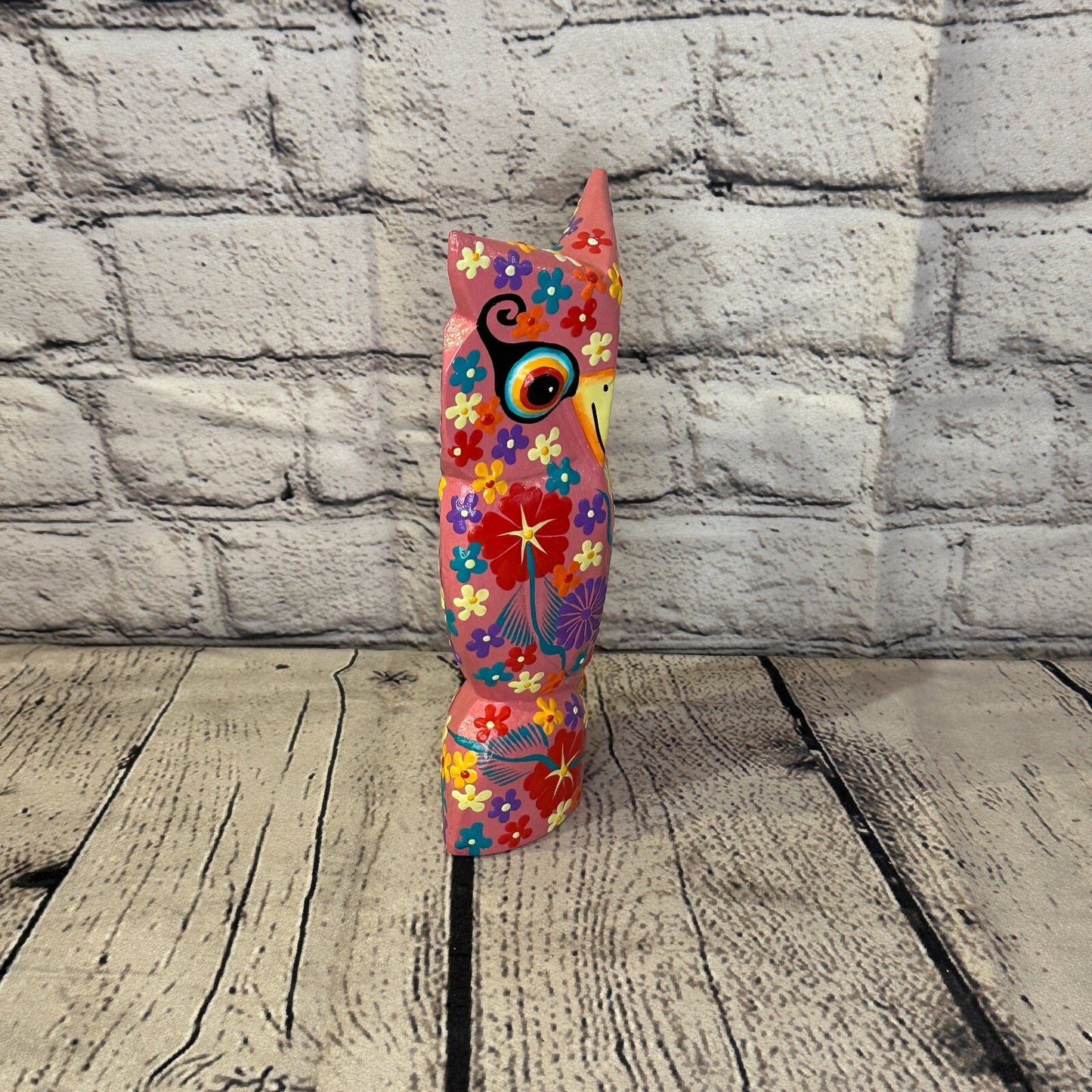 Pink Large Wooden Owl With Flower Pattern 20cm x 8cm Handmade and Fairtrade2