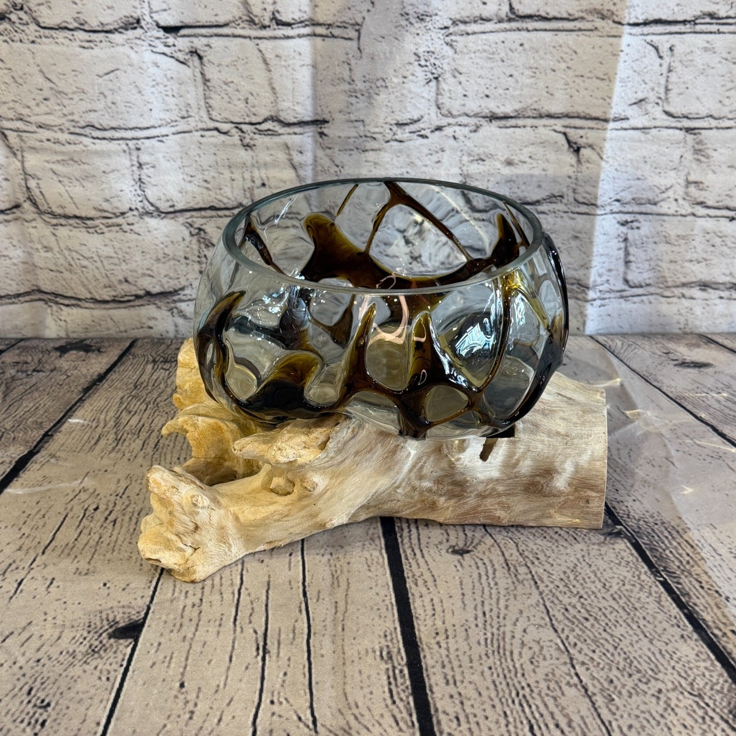 30cm Long Brown Streak Melted Glass Wood Decorative Bowl Glass Sculpture Crafted2