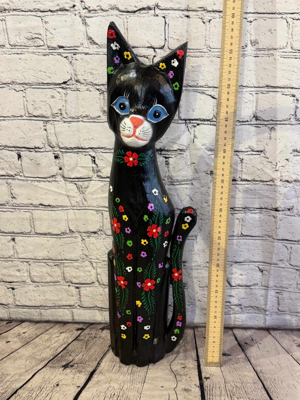 60cm Black Mix Flower Wooden Shabby Cat Statue Ornament Fair Trade Handcarved5