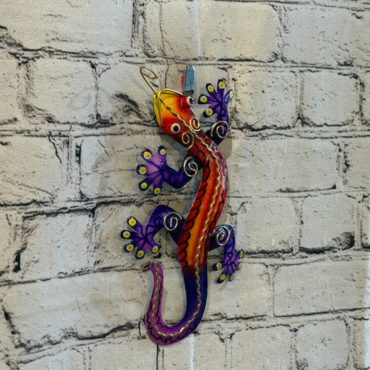 20cm x 10cm Purple Gecko Lizard Metal Tin Wall Hanging Ornament Painted Statue0