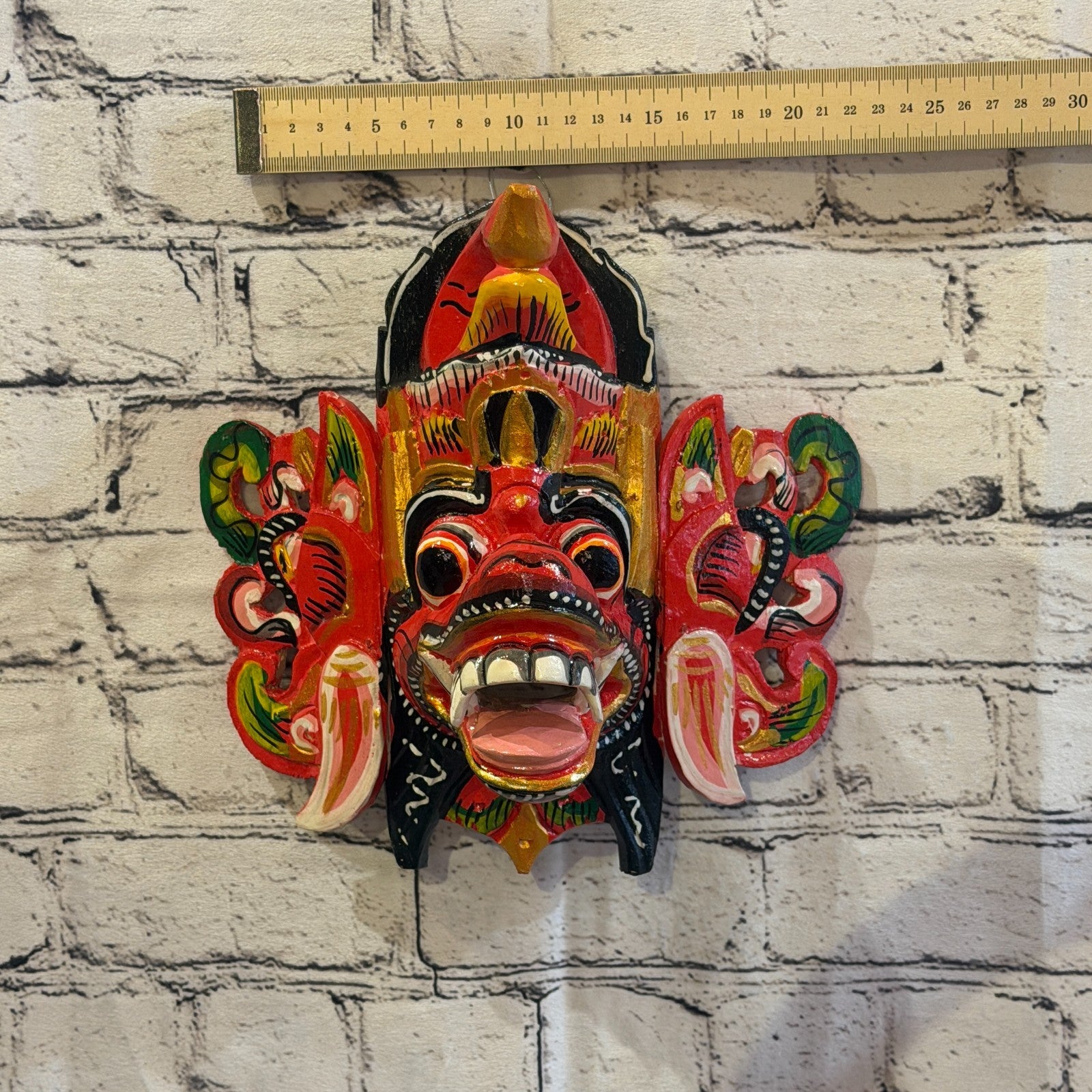 25cm Barong Crown Red Demon Dragon Hindu Deity Wooden Hand Carved Mask Painted4