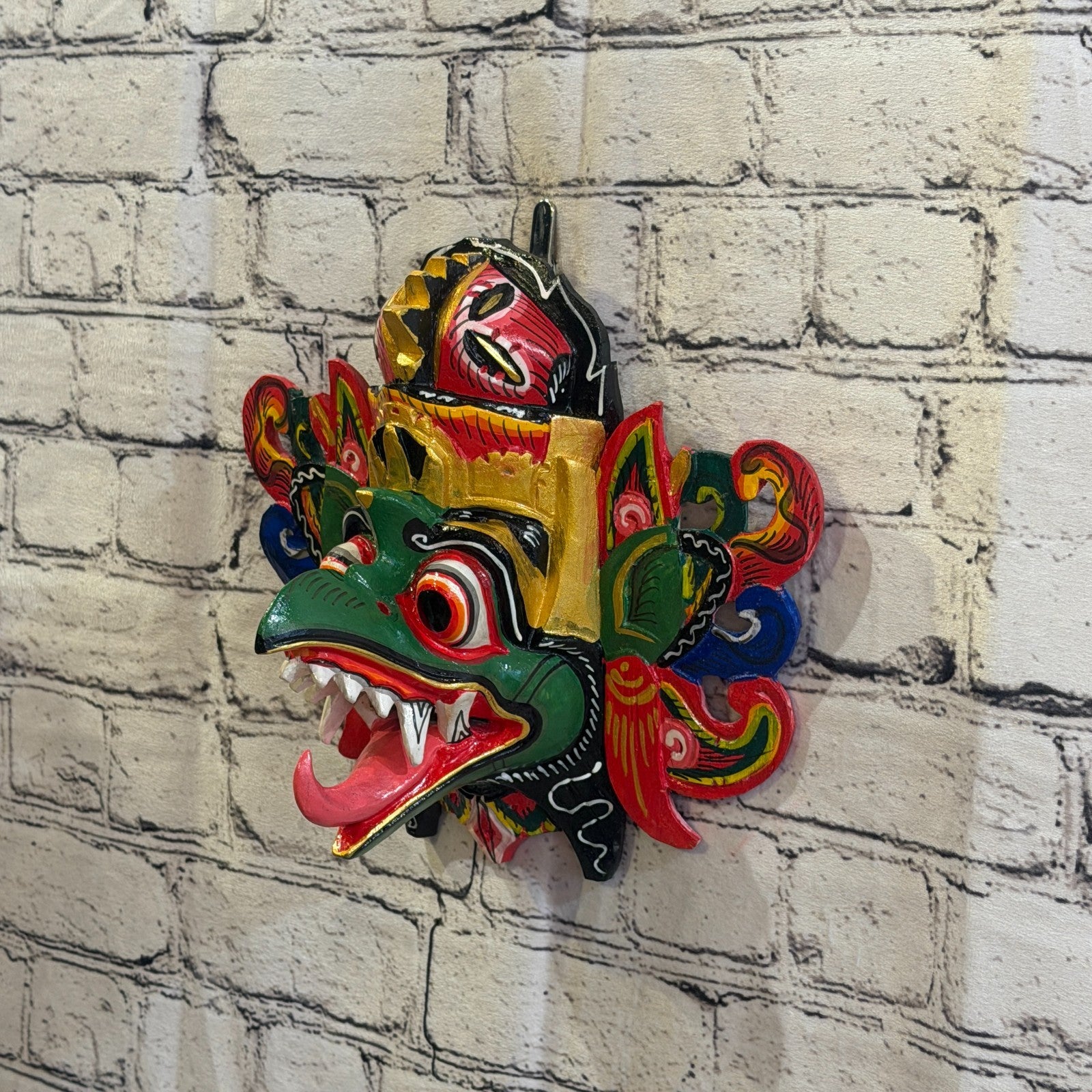 25cm Garuda Crown Green Demon Dragon Hindu Deity Wooden Hand Carved Mask Painted1