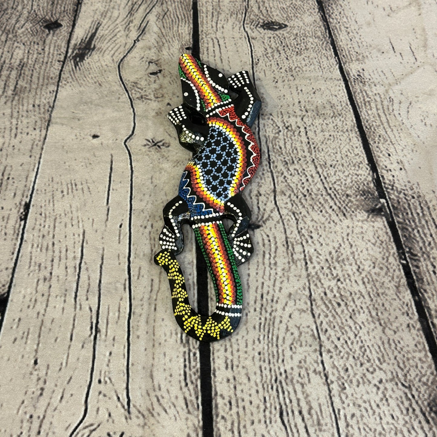 20cm Gecko Carved Wooden Dot Painted Ethnic Tribal Tiki Wall Handmade No 13