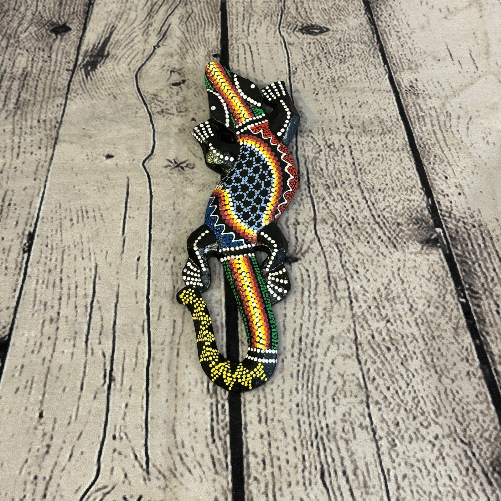 20cm Gecko Carved Wooden Dot Painted Ethnic Tribal Tiki Wall Handmade No 13