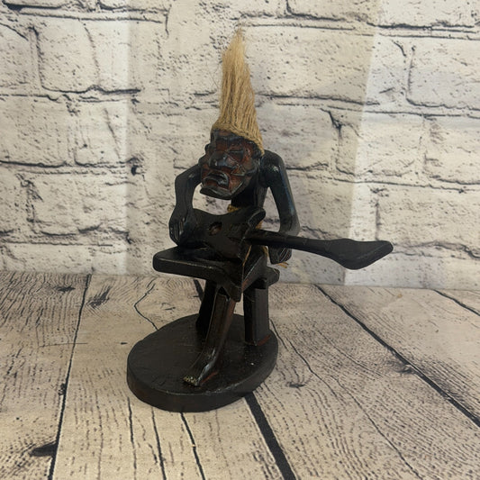 15cm Sitting Guitarist African Tribal Warrior Man Figure Statue Wood Hand Carved0