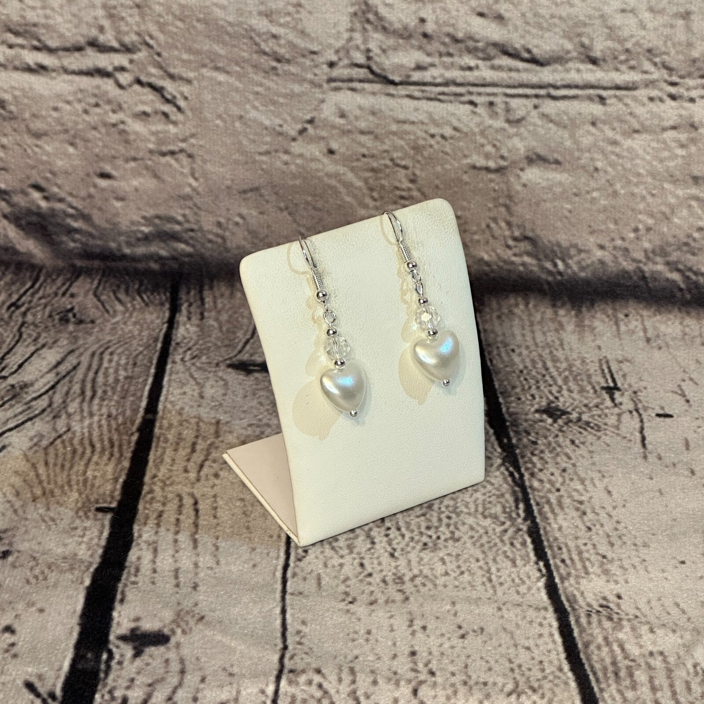 White Crystal And White Heart Shaped Dangle Drop Earrings Handmade UK Jewellery2