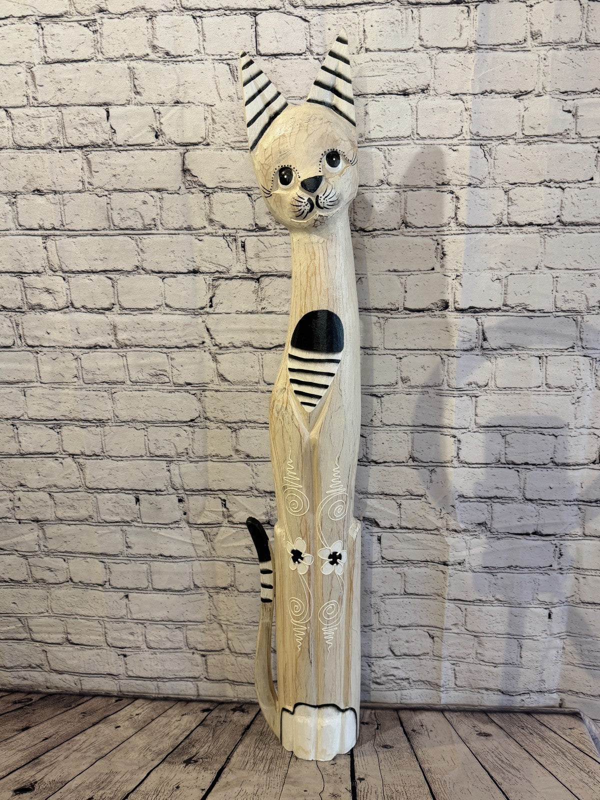 100cm White Flower Wooden Shabby Cat Statue Ornament Fair Trade Handcarved0