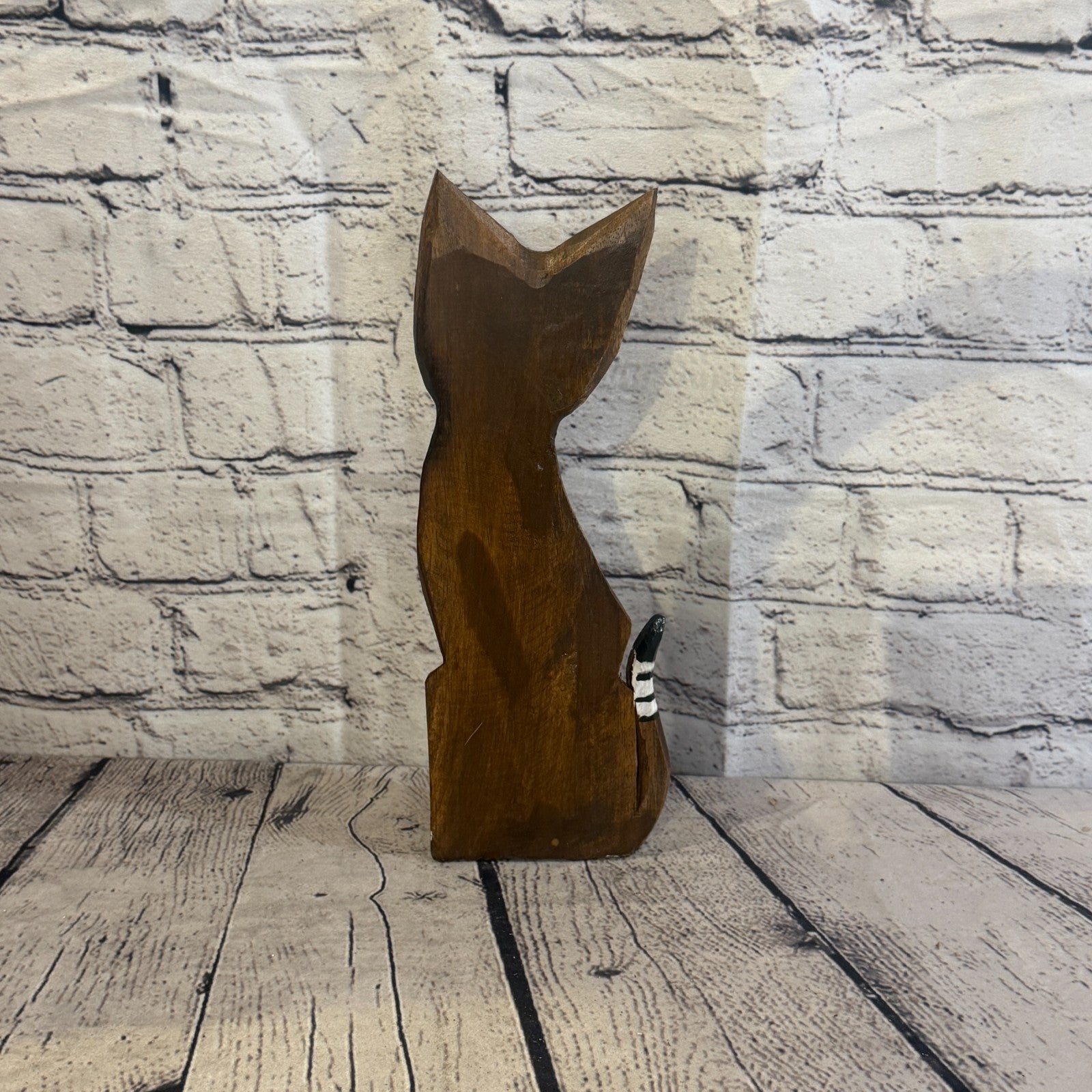 30cm Brown Flower Wooden Shabby Cat Statue Ornament Fair Trade Handcarved4