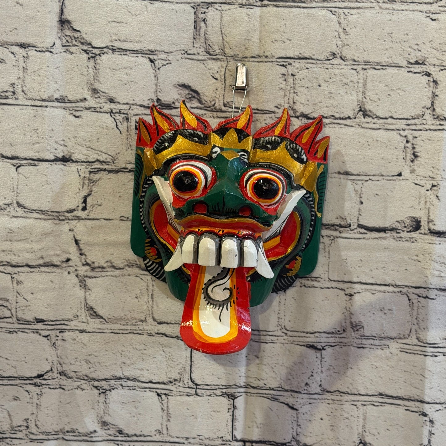 25cm Rangda Demon Green Dragon Hindu Deity Wooden Hand Carved Mask Painted4