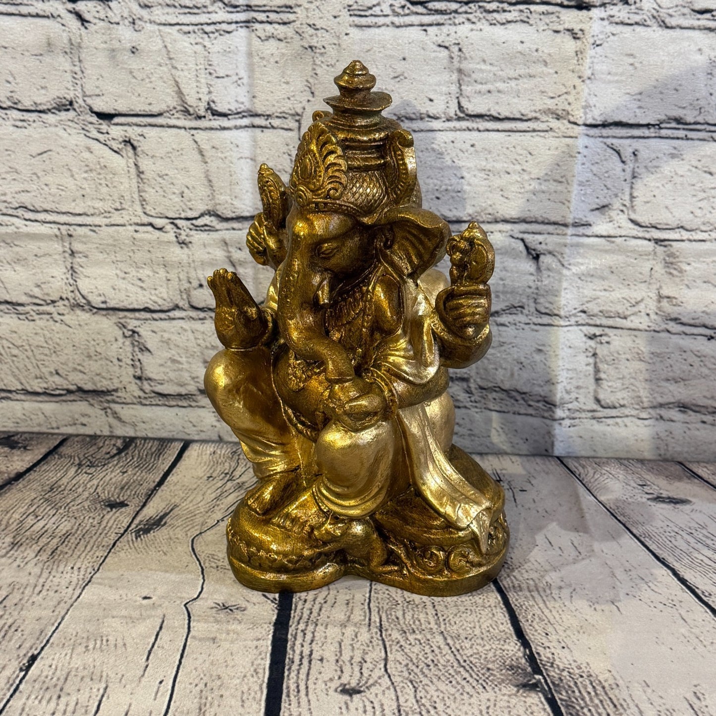 Bronze & Bronze 25cm Large Ganesh Ganesa Sitting On Lotus Statue Resin Hindu1