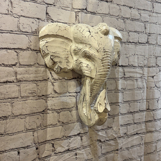 35cm x 35cm Plain White Painted Wood Elephant Head Wall Mounted Art Shabby0