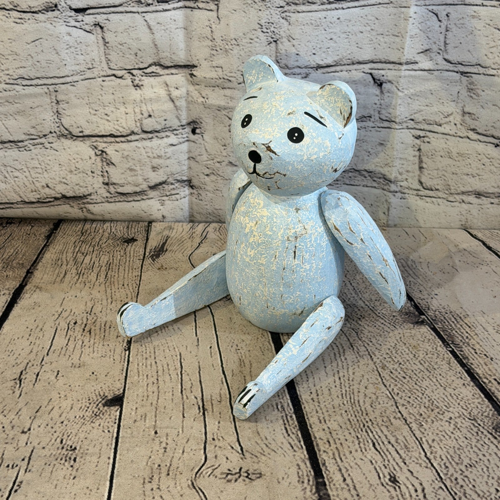 20cm Blue Teddy Bear Sitting Animal, Wooden Shelf Ornament Handmade & Fairtrade0