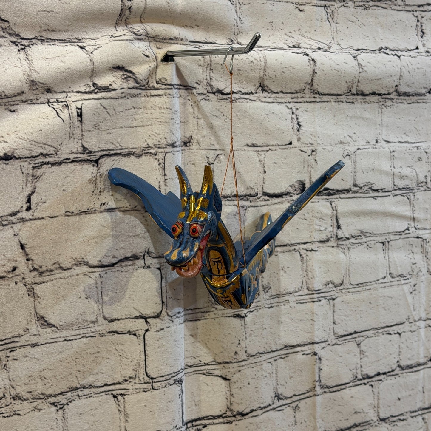 35cm Blue Dragon Folk Art Carved Wood Flying Winged Mobile Spirit Guardian1