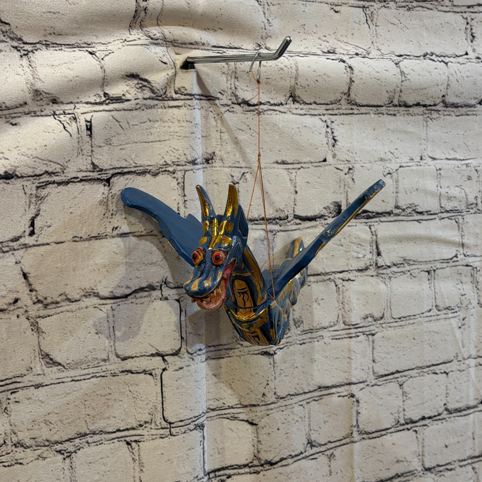 35cm Blue Dragon Folk Art Carved Wood Flying Winged Mobile Spirit Guardian1