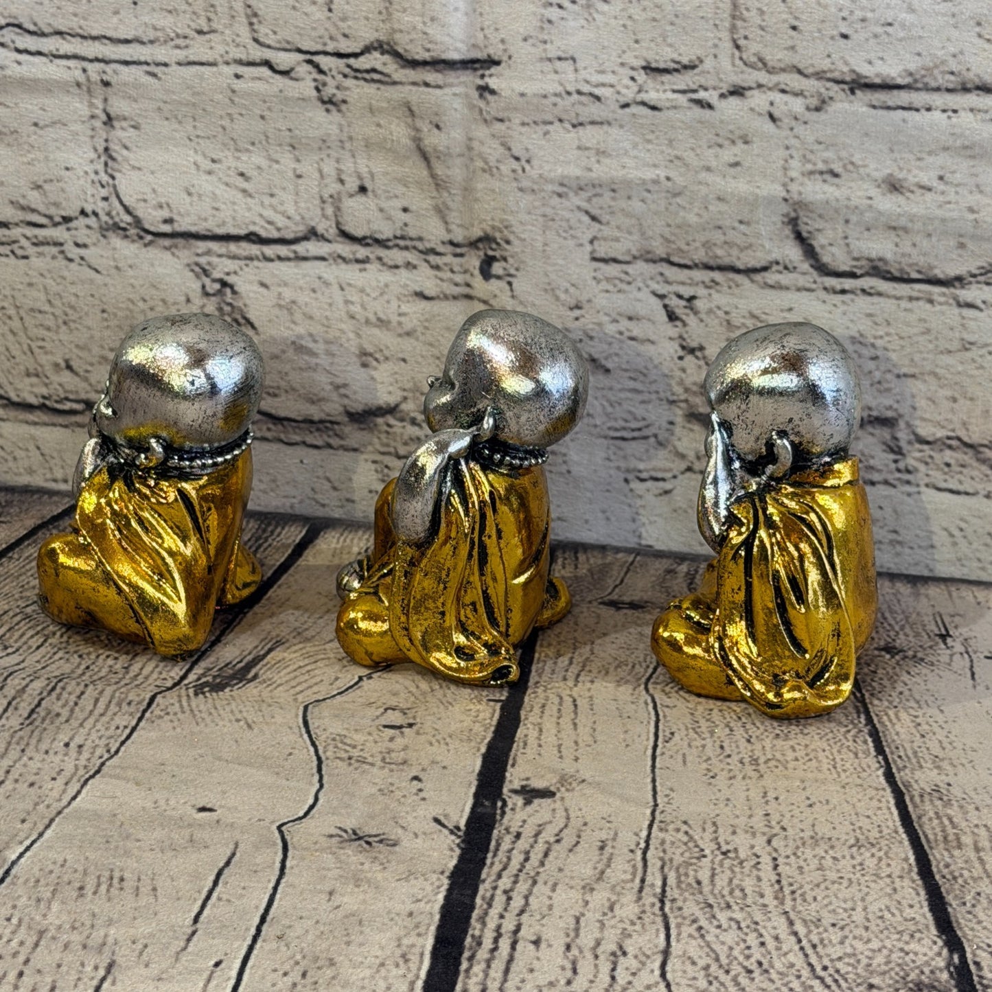 Silver Gold 10cm Set Of 3 Wise Buddha Monks Sitting On Seat Statue Resin Hindu2