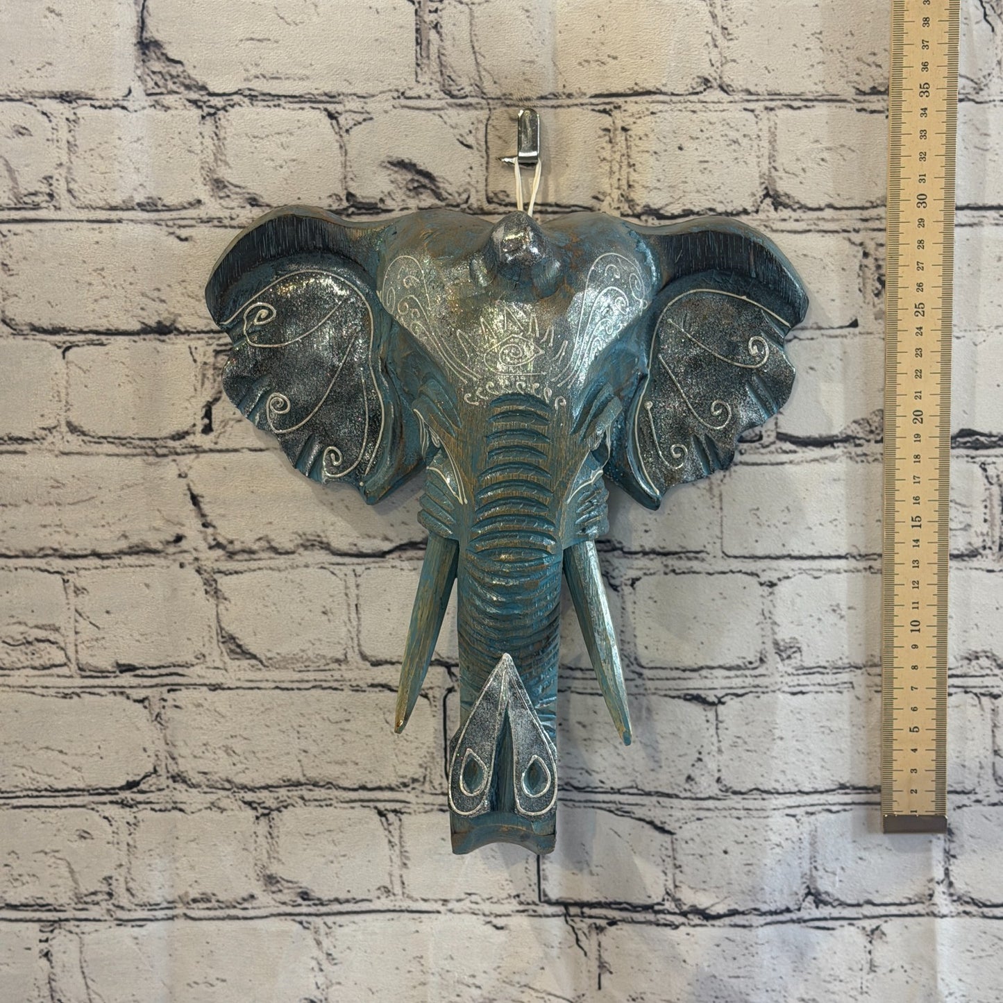 30cm x 30cm Silver Blue Painted Wood Elephant Head Wall Mounted Art Shabby4