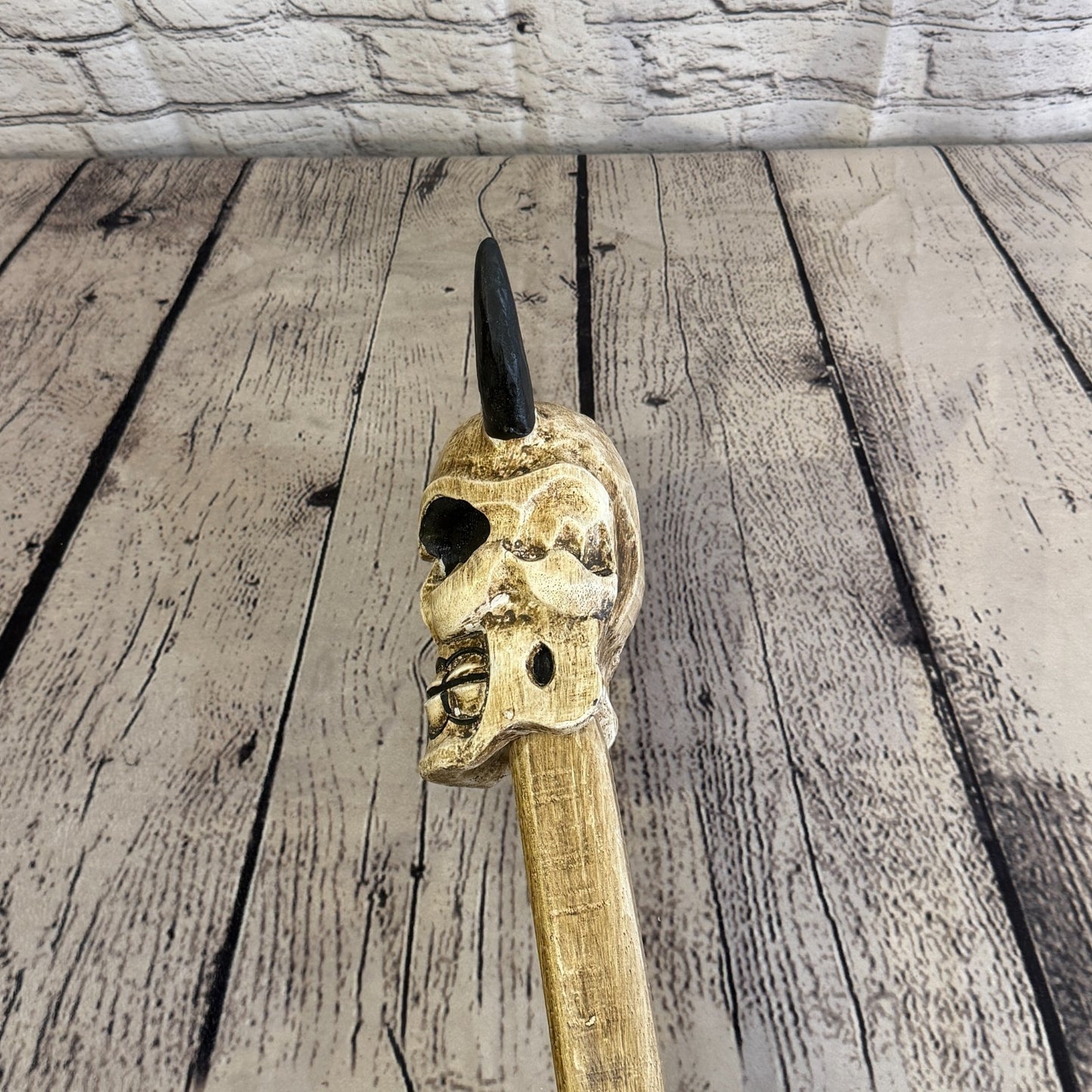 110cm Skeleton Skull With Horns Wood Stick Hand Carved Halloween Walking Staff5