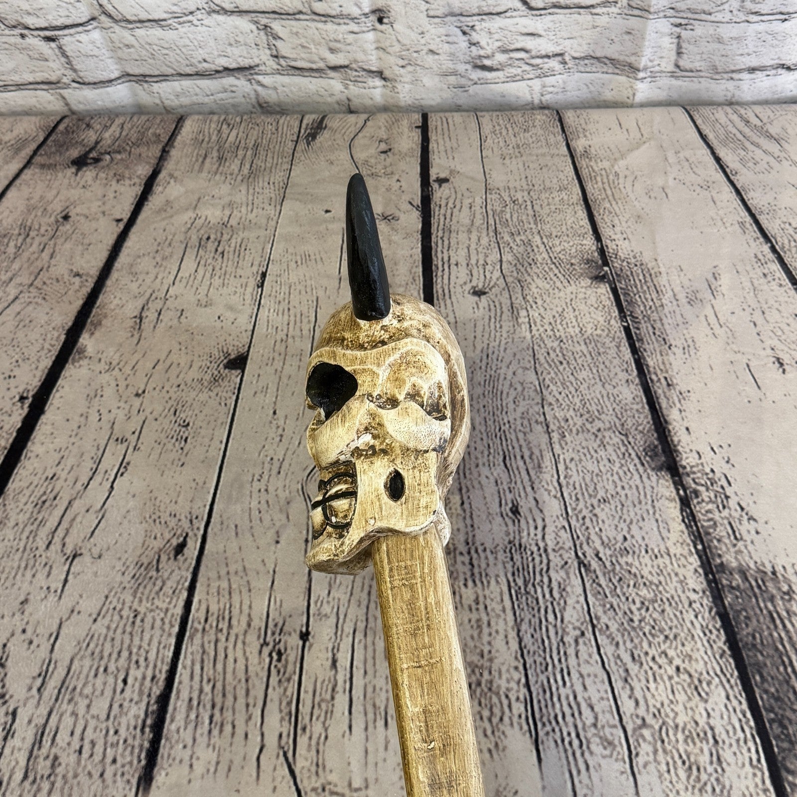 110cm Skeleton Skull With Horns Wood Stick Hand Carved Halloween Walking Staff5