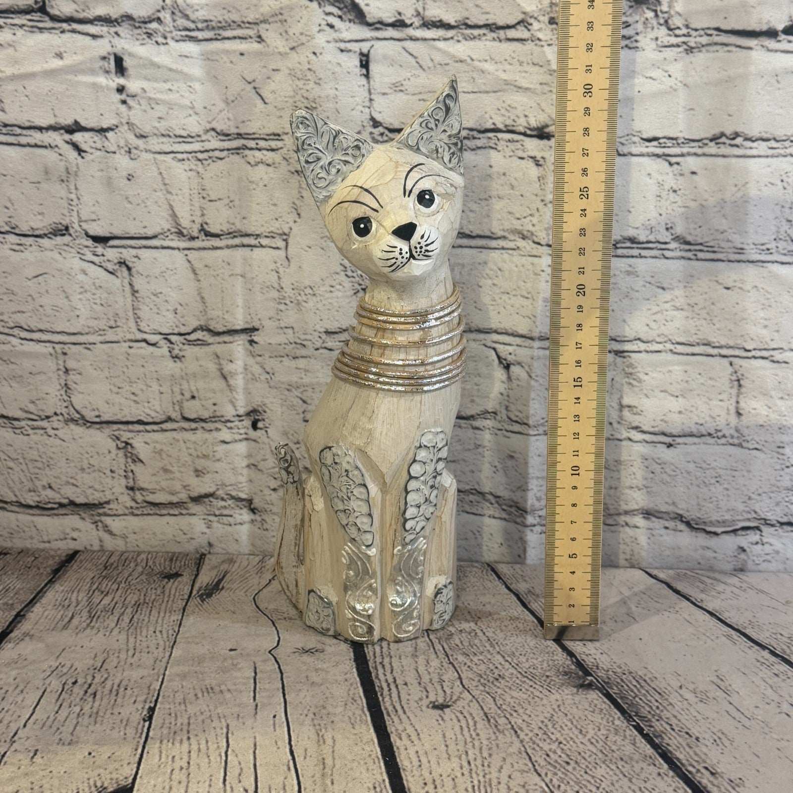 30cm White Silver Dots Wooden Shabby Cat Statue Ornament Fair Trade Handcarved5