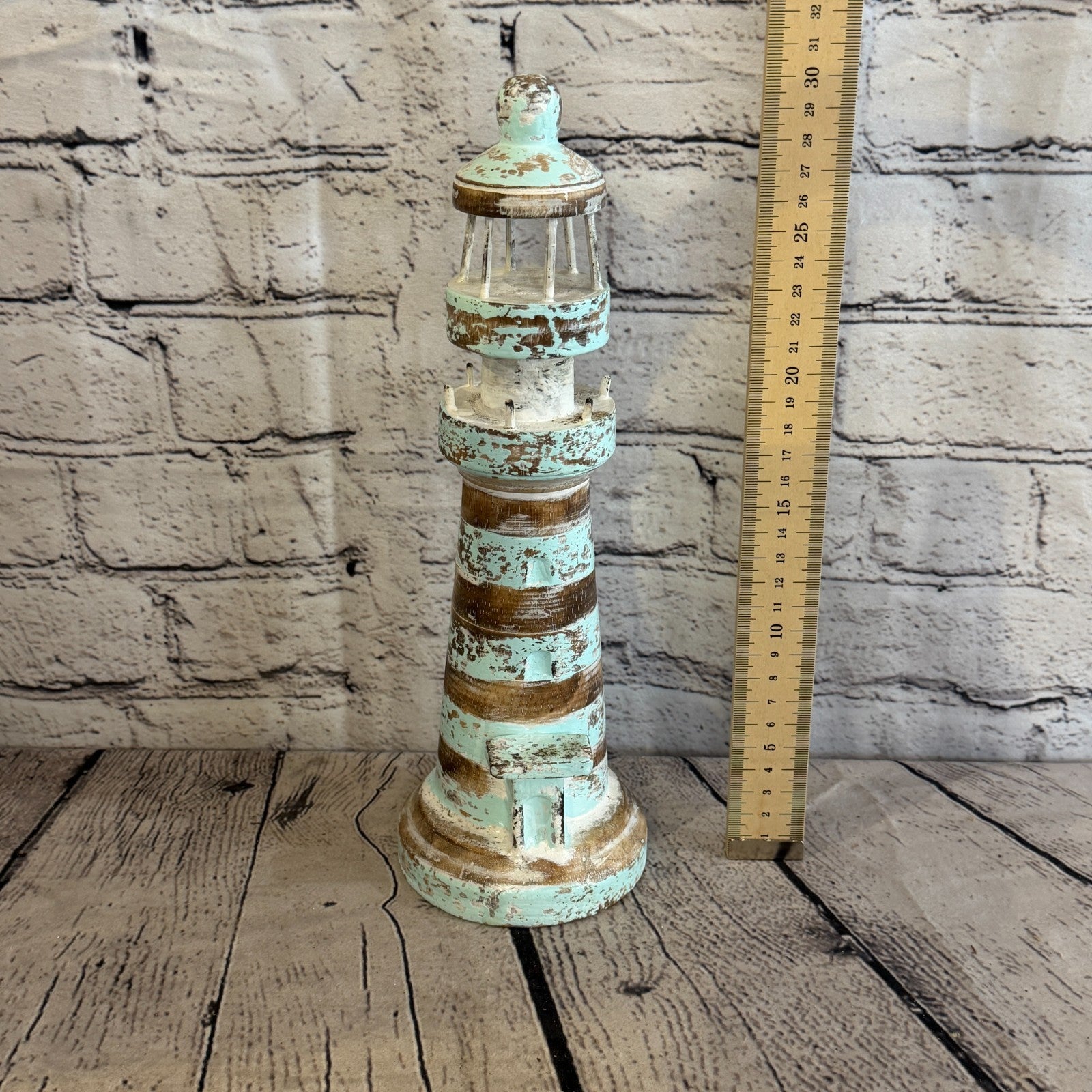 30cm Green White Wooden Lighthouse Detailed Ornament Nautical Coastal Sculpture3