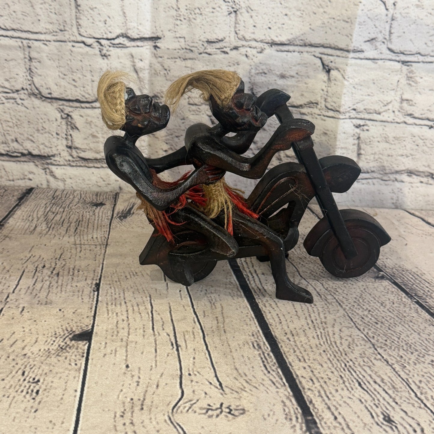 20cm Couple Motorbike African Tribal Warrior Man Figure Statue Wood Hand Carved3