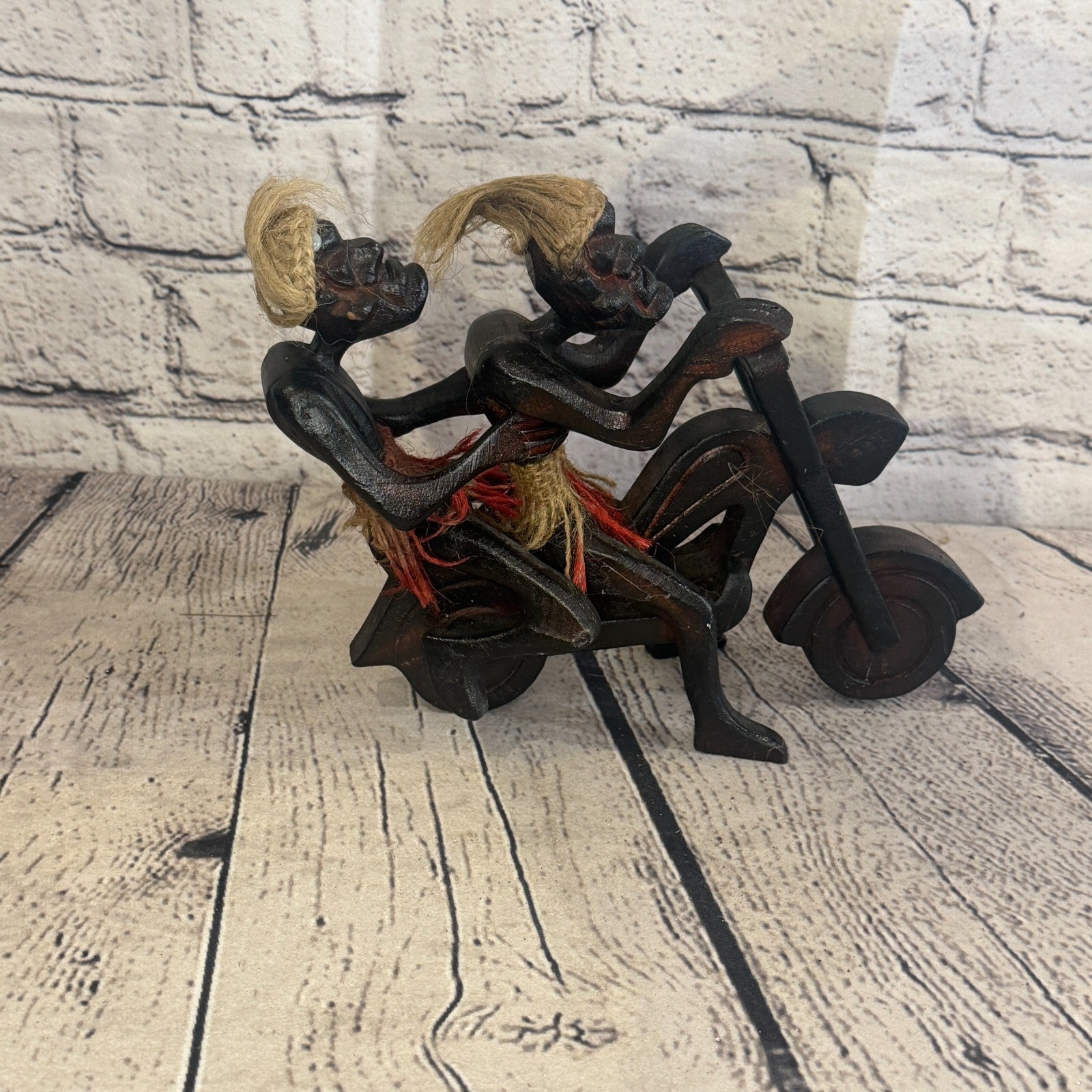 20cm Couple Motorbike African Tribal Warrior Man Figure Statue Wood Hand Carved3