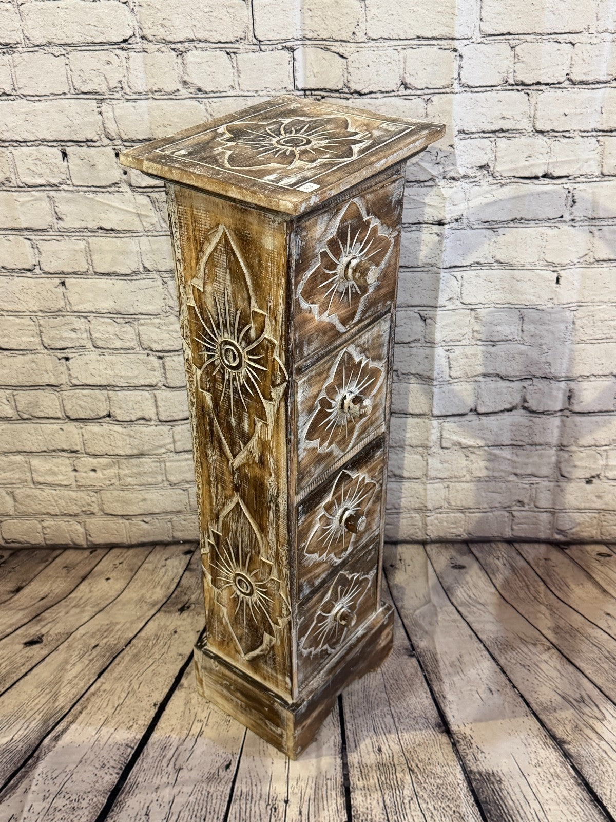 80cm x 25cm Brown 4 Draw Pillar Wooden Side Cabinet Living Storage Furniture2
