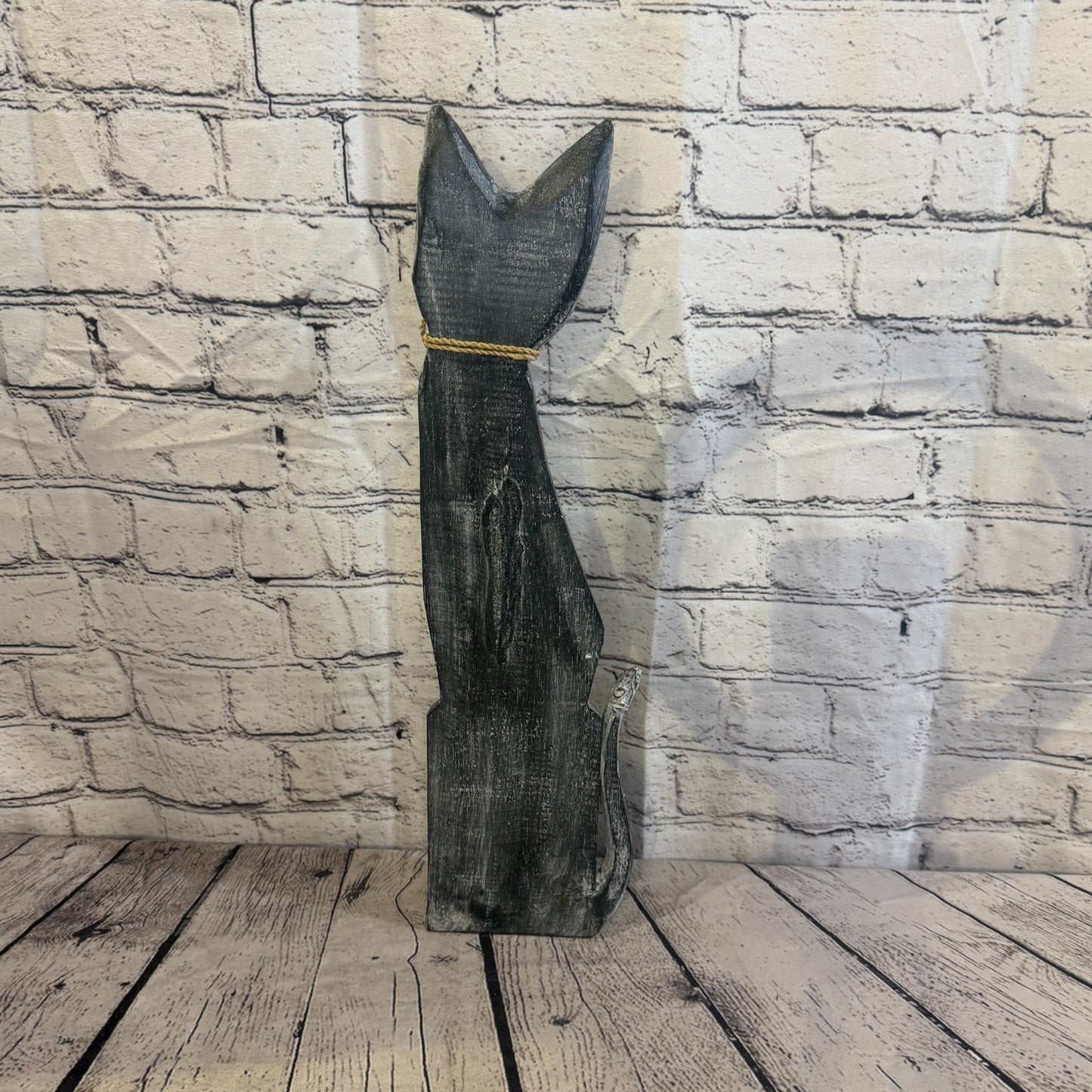 50cm Grey Silver Dots Wooden Shabby Cat Statue Ornament Fair Trade Handcarved4