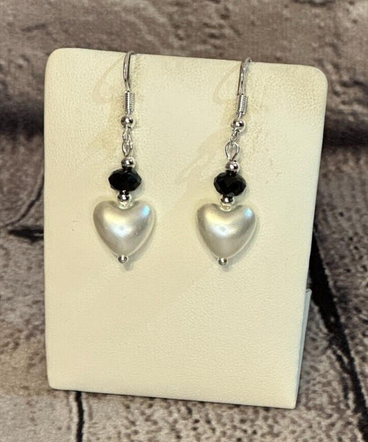 Black Crystal And White Heart Shaped Dangle Drop Earrings Handmade UK Jewellery0