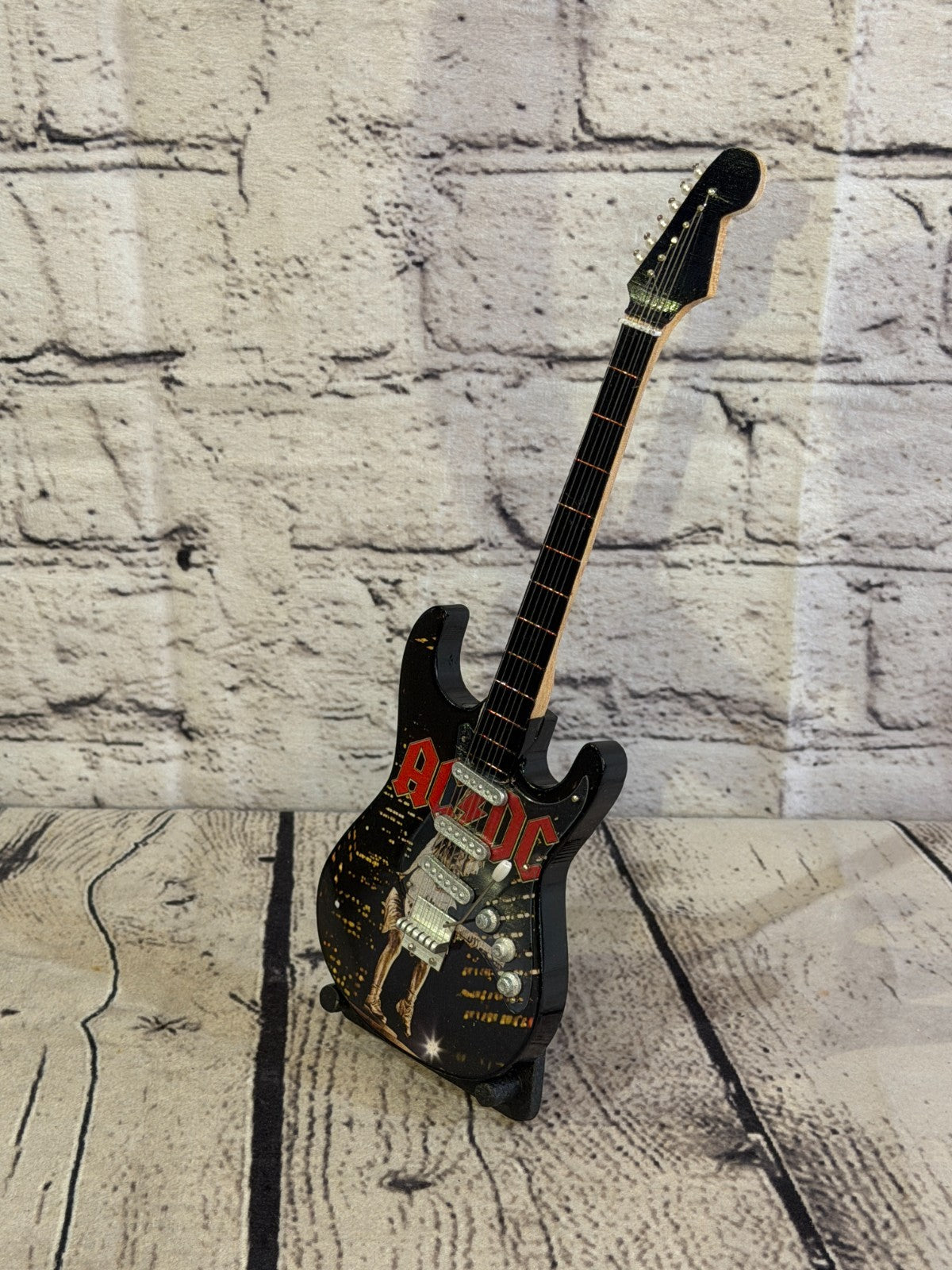 Miniature 25cm Guitar AC DC Black Band Guitar on Stand Band Gift Display0