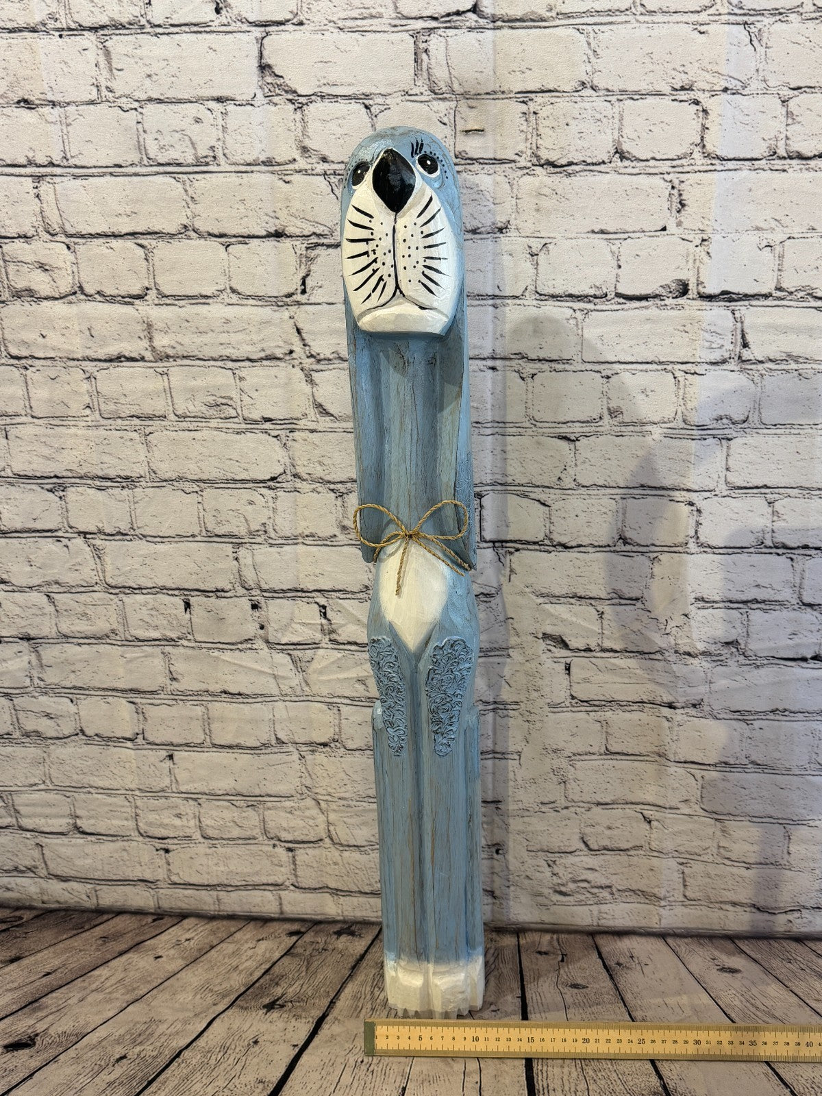 80cm Light Blue Wooden Shabby Dog Statue Ornament Fair Trade Handcarved6