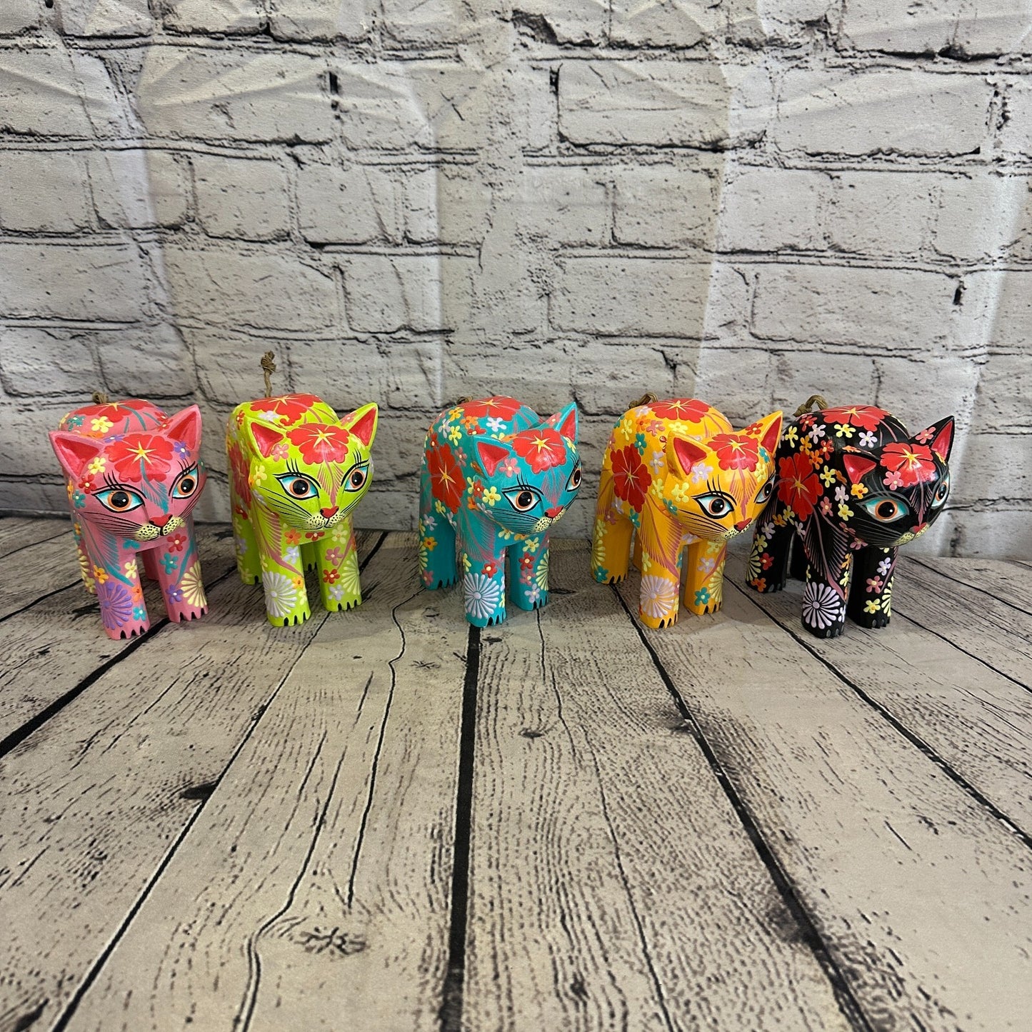 Black Large Wooden Cat With Flower Pattern 15cm x 10cm Handmade and Fairtrade9