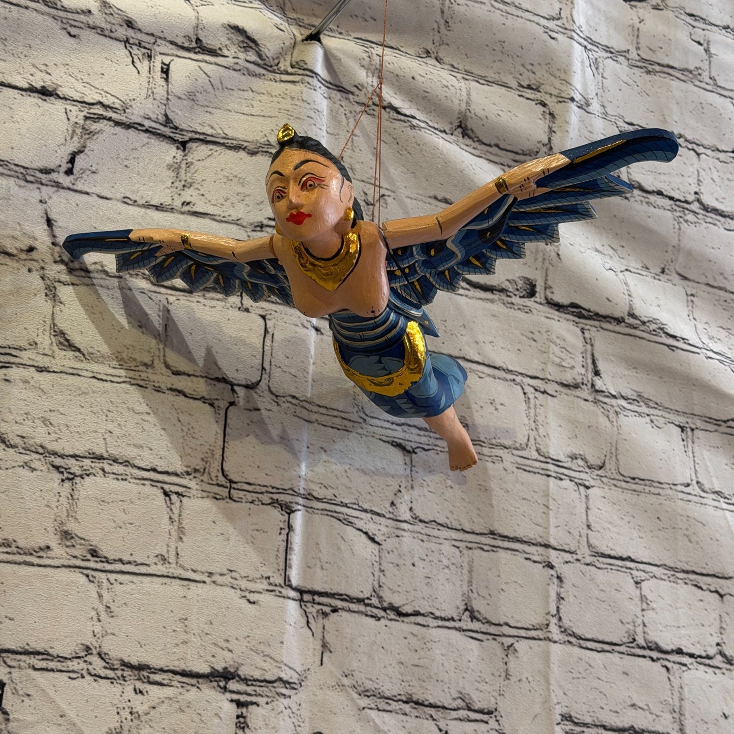 30cm Blue Sita Hindu Folk Art Carved Wood Flying Winged Mobile Spirit Guardian1