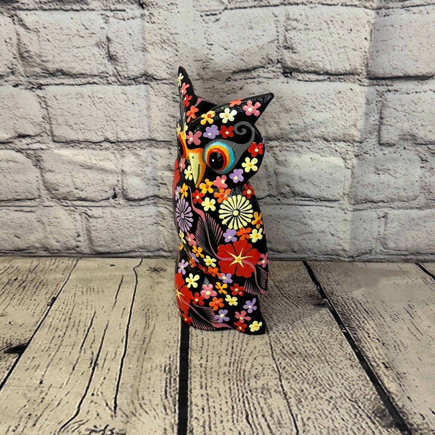 Black Large Wooden Owl With Flower Pattern 20cm x 8cm Handmade and Fairtrade1
