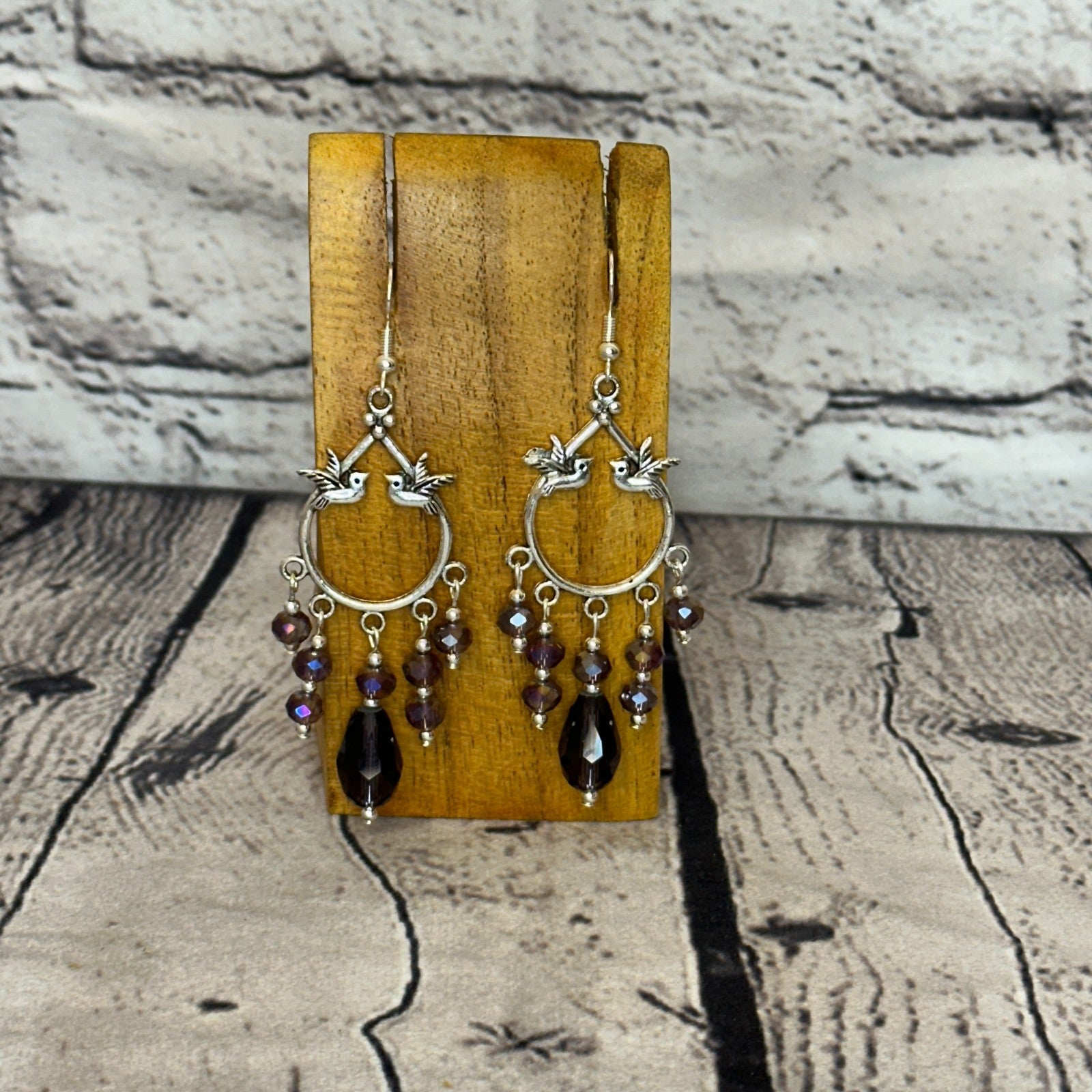 Purple Drop Crystal Bird Dangle Drop Earrings Handmade UK Jewellery0