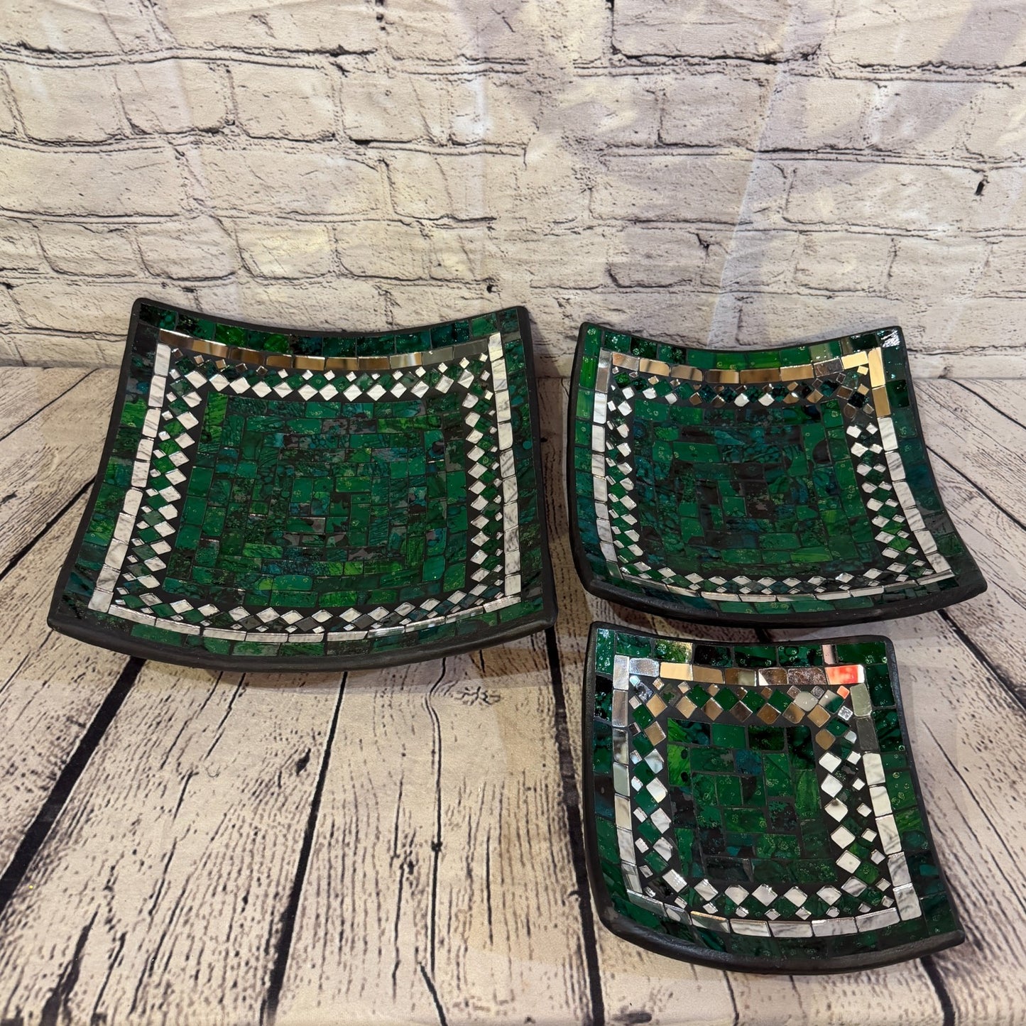 25cm Green Square Mirror Mosaic Handmade Ceramic Glass Tile Bowl Fruit4