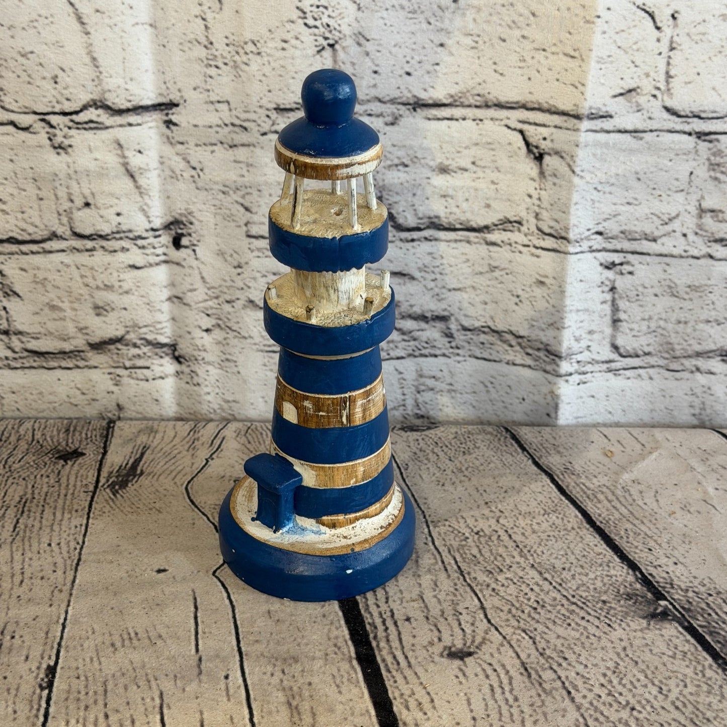 25cm Blue White Wooden Lighthouse Detailed Ornament Nautical Coastal Sculpture0