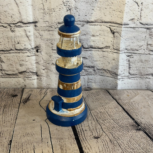 25cm Blue White Wooden Lighthouse Detailed Ornament Nautical Coastal Sculpture0