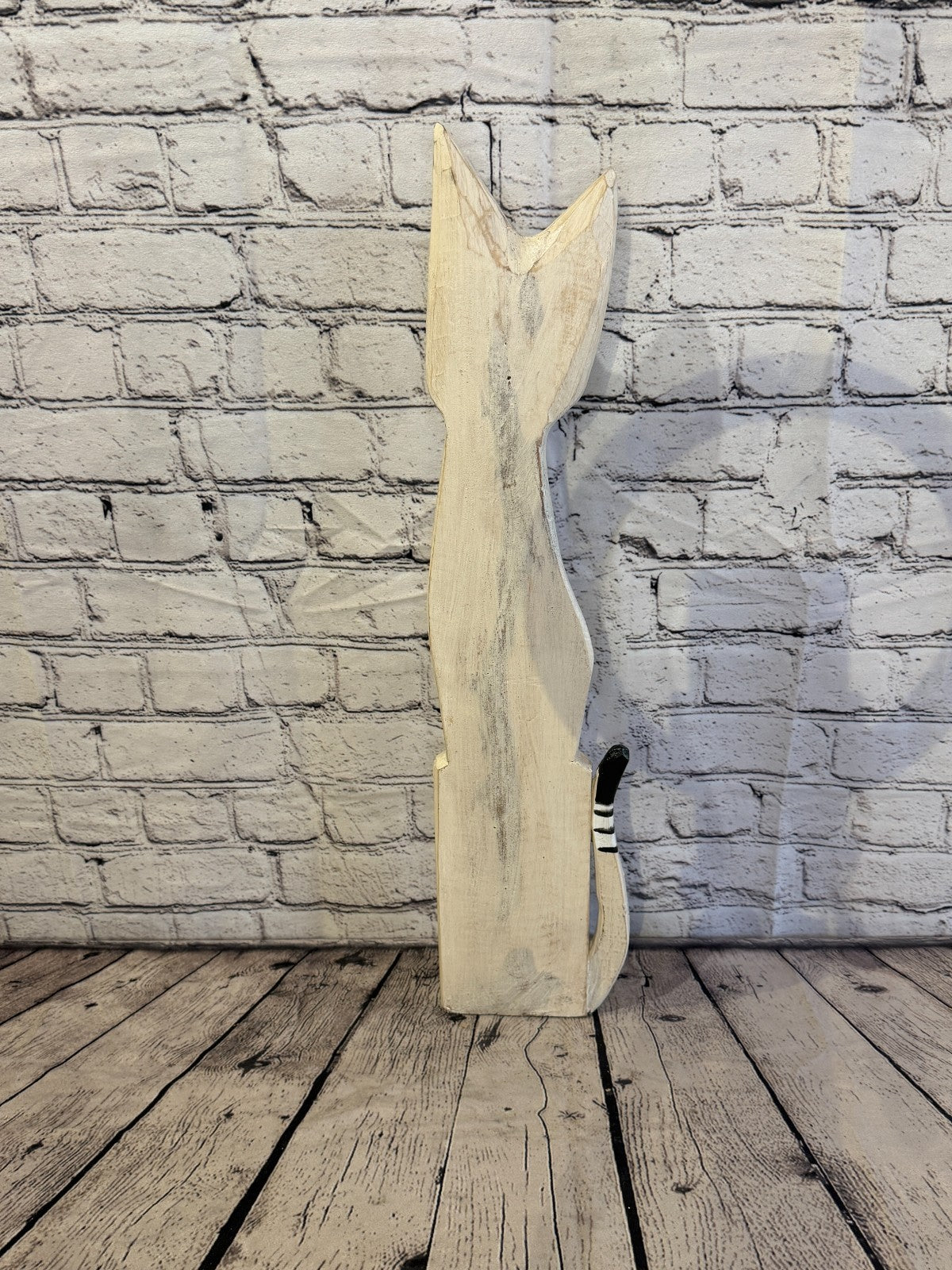 60cm White Flower Wooden Shabby Cat Statue Ornament Fair Trade Handcarved4