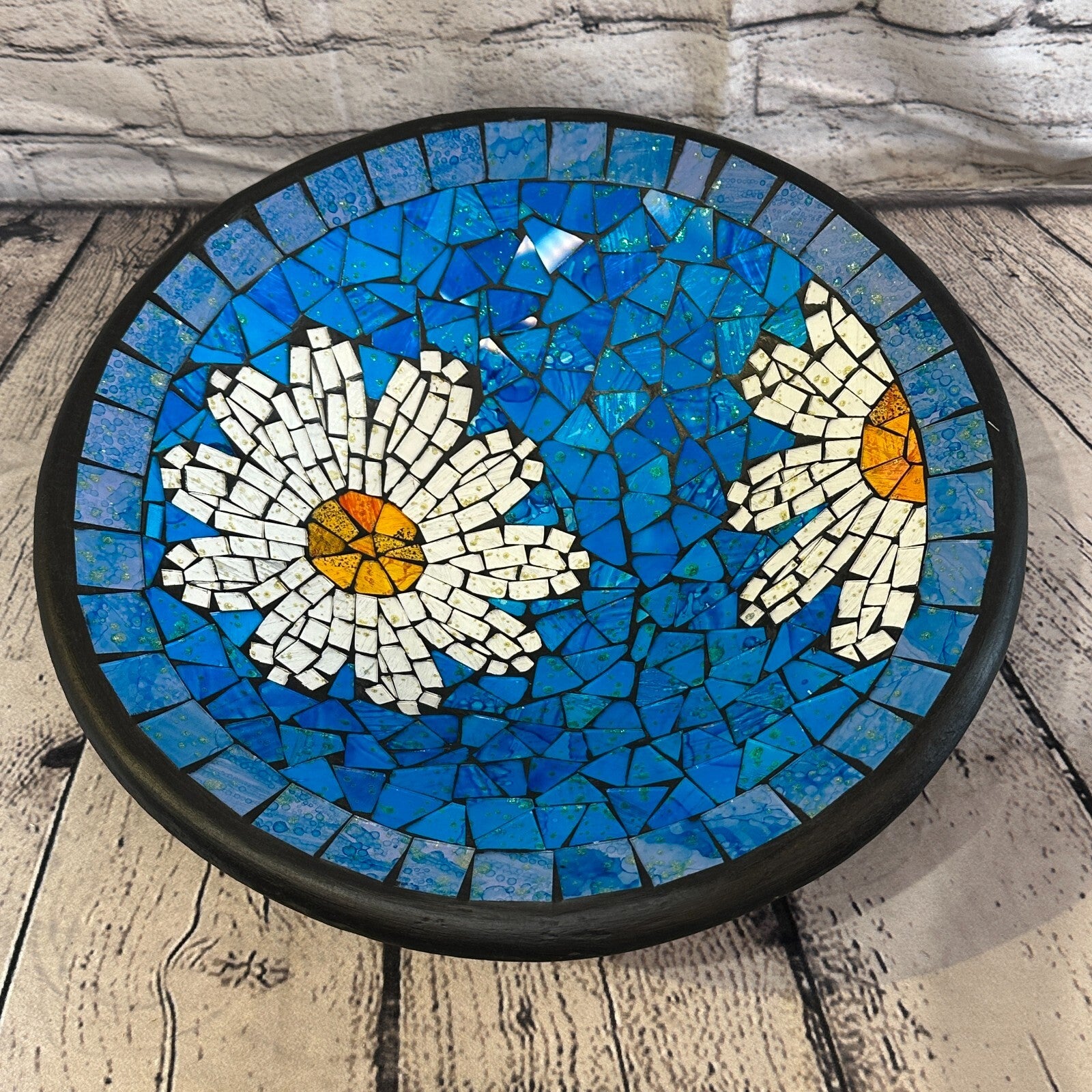 35cm Blue Daisy Flower Round Mosaic Handmade Ceramic Glass Tile Bowl Fruit0