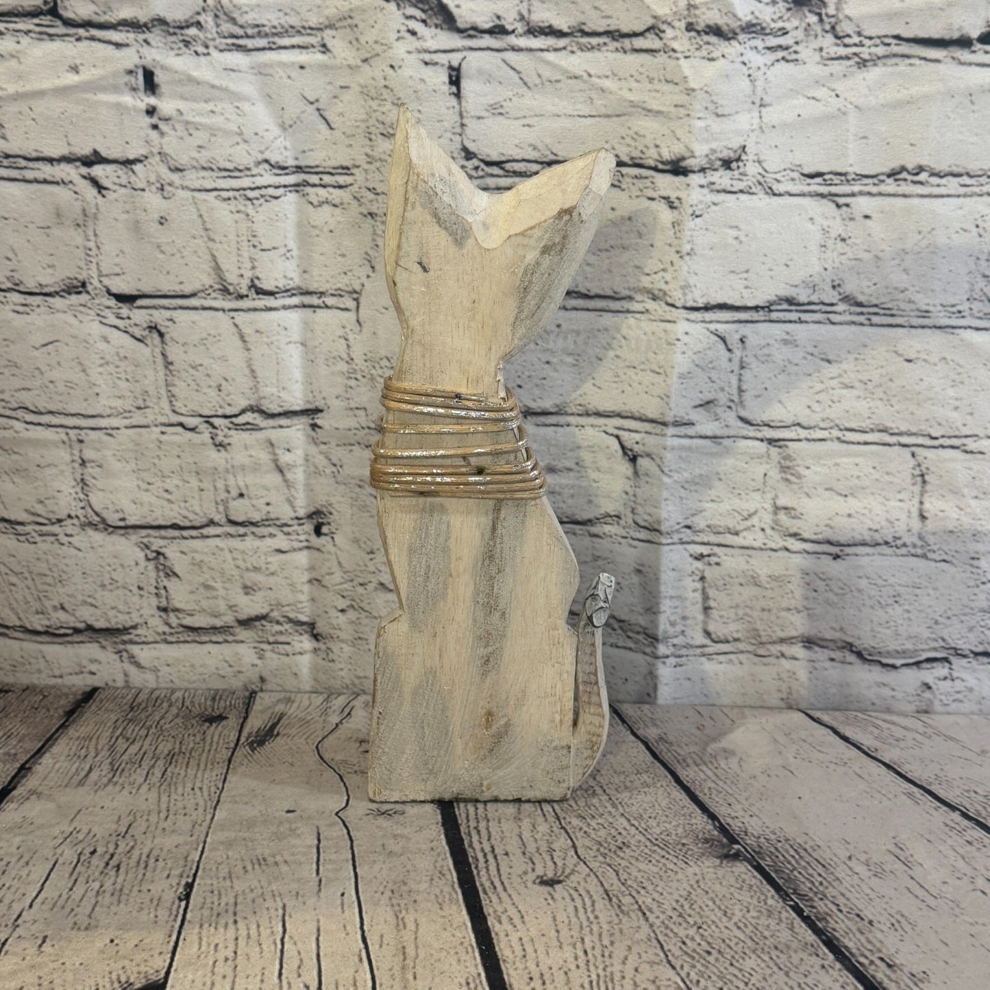 30cm White Silver Dots Wooden Shabby Cat Statue Ornament Fair Trade Handcarved4